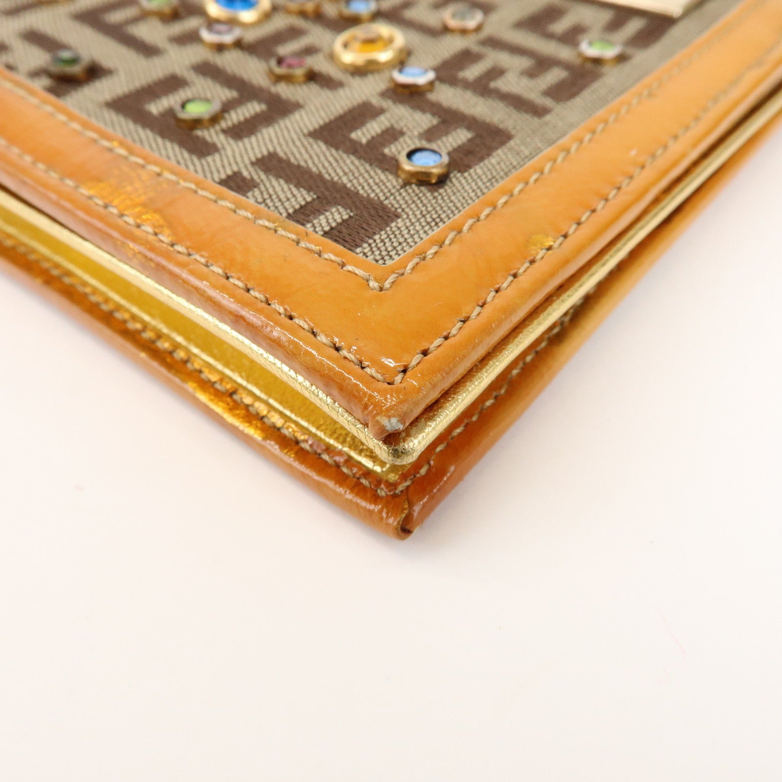 FENDI Zucchino Canvas Leather Chain Long Wallet Brown Gold 8M0219