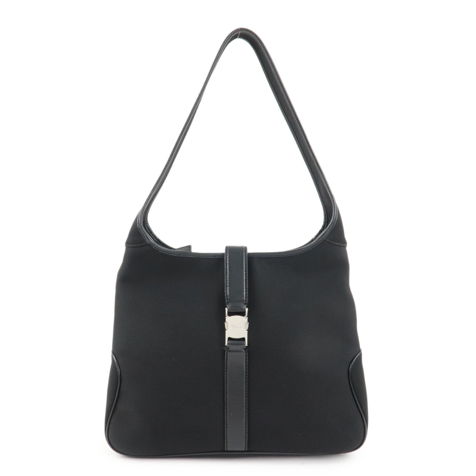 Ferragamo Nylon Canvas One Shoulder Bag Black Silver Hardware Used