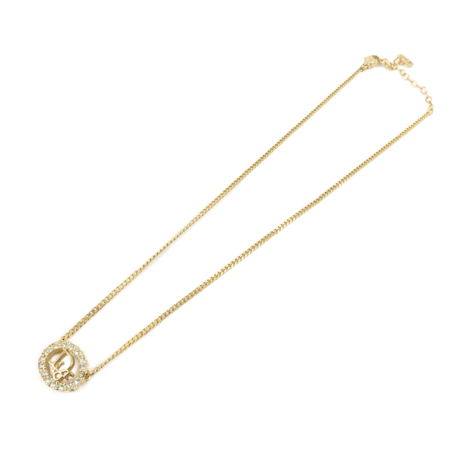 Christian Dior Logo Pendant Metal Rhinestone Necklace Gold