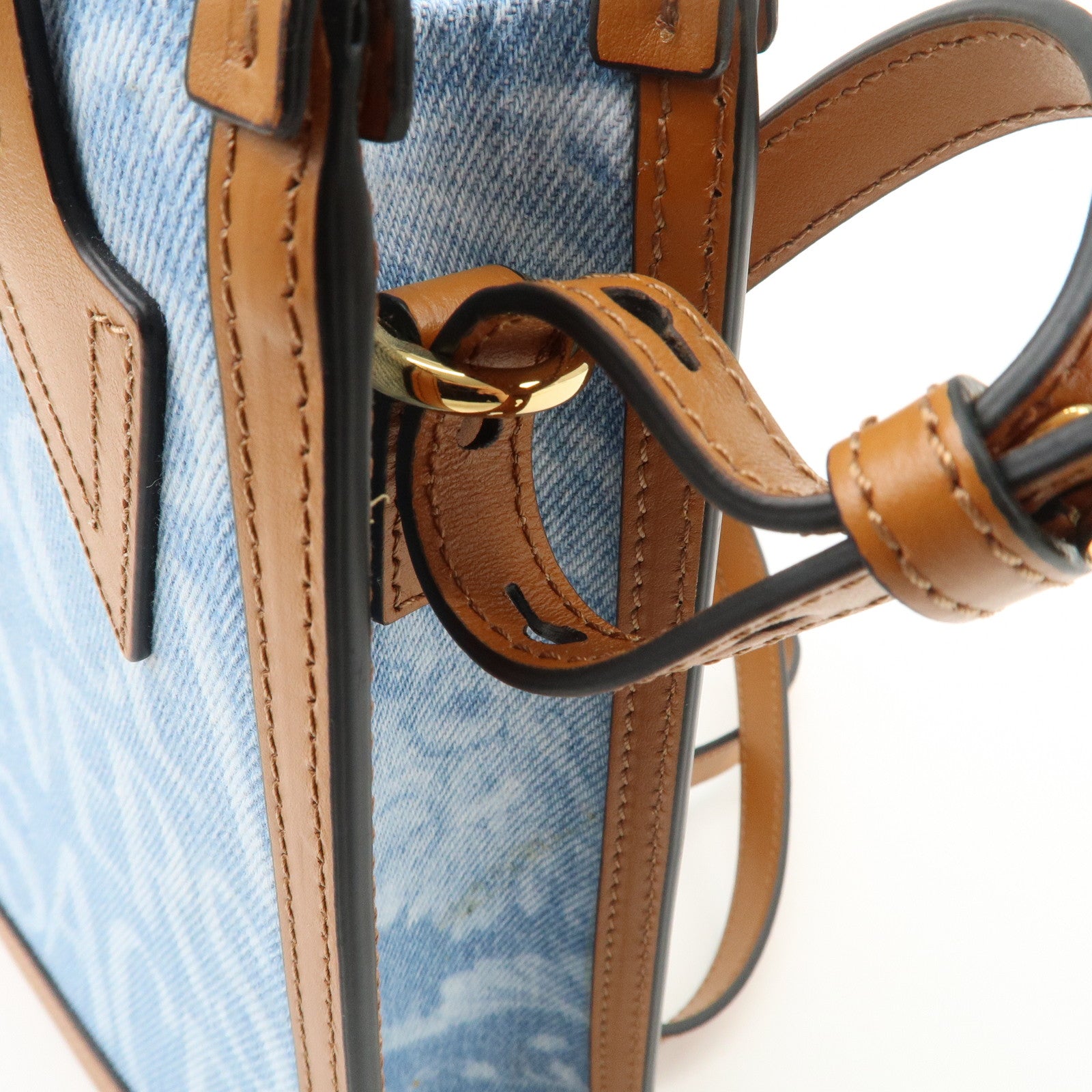 GIANNI VERSACE Leather Denim 2Way Hand Bag Shoulder Bag Blue Brown Used