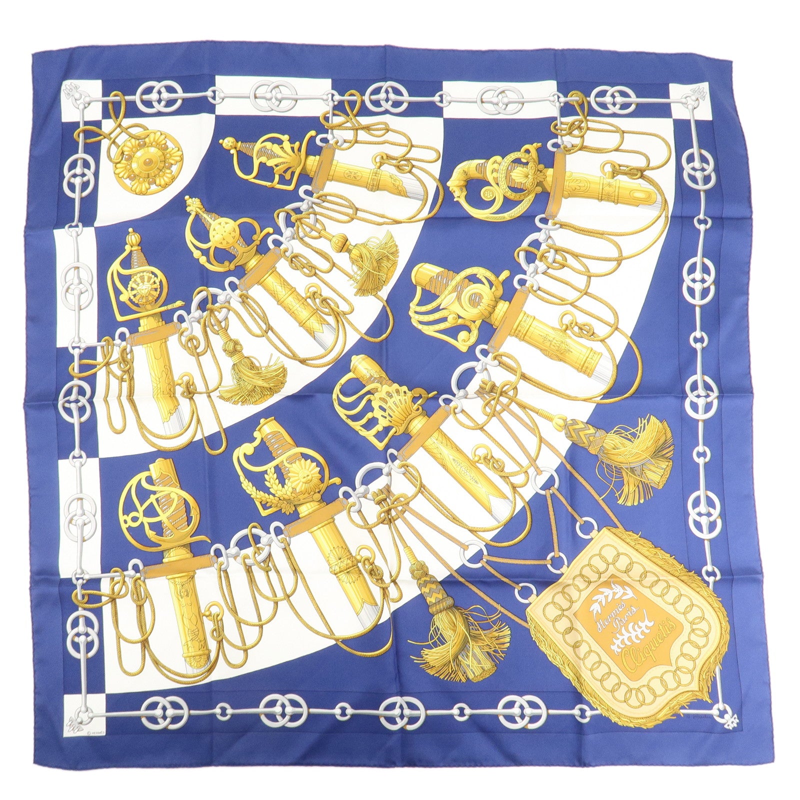 HERMES Carre 90 Silk 100% Scarf Cliquetis Gold Navy White Used