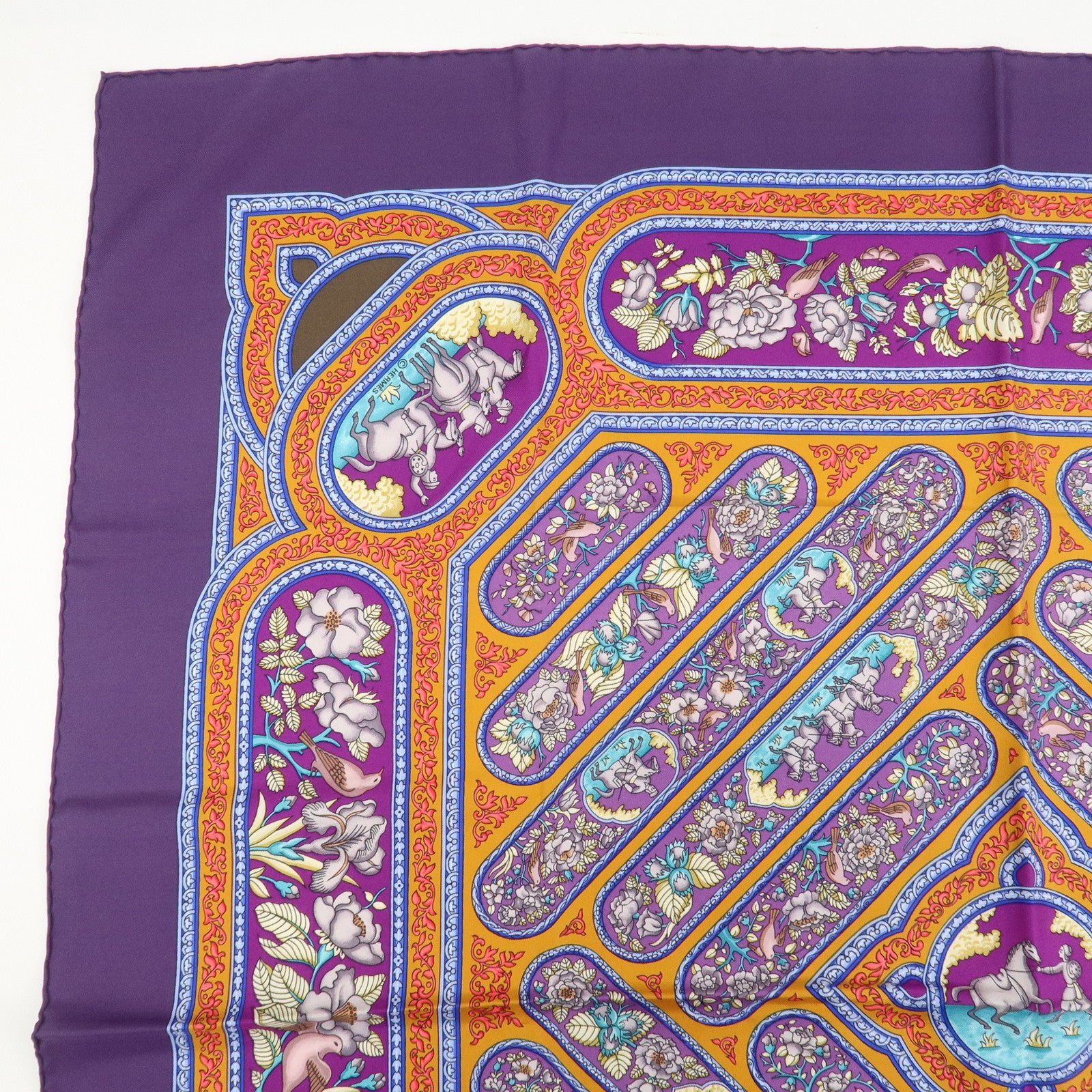 HERMES Carre 90 Silk 100% Scarf QALAMDAN Purple Orange