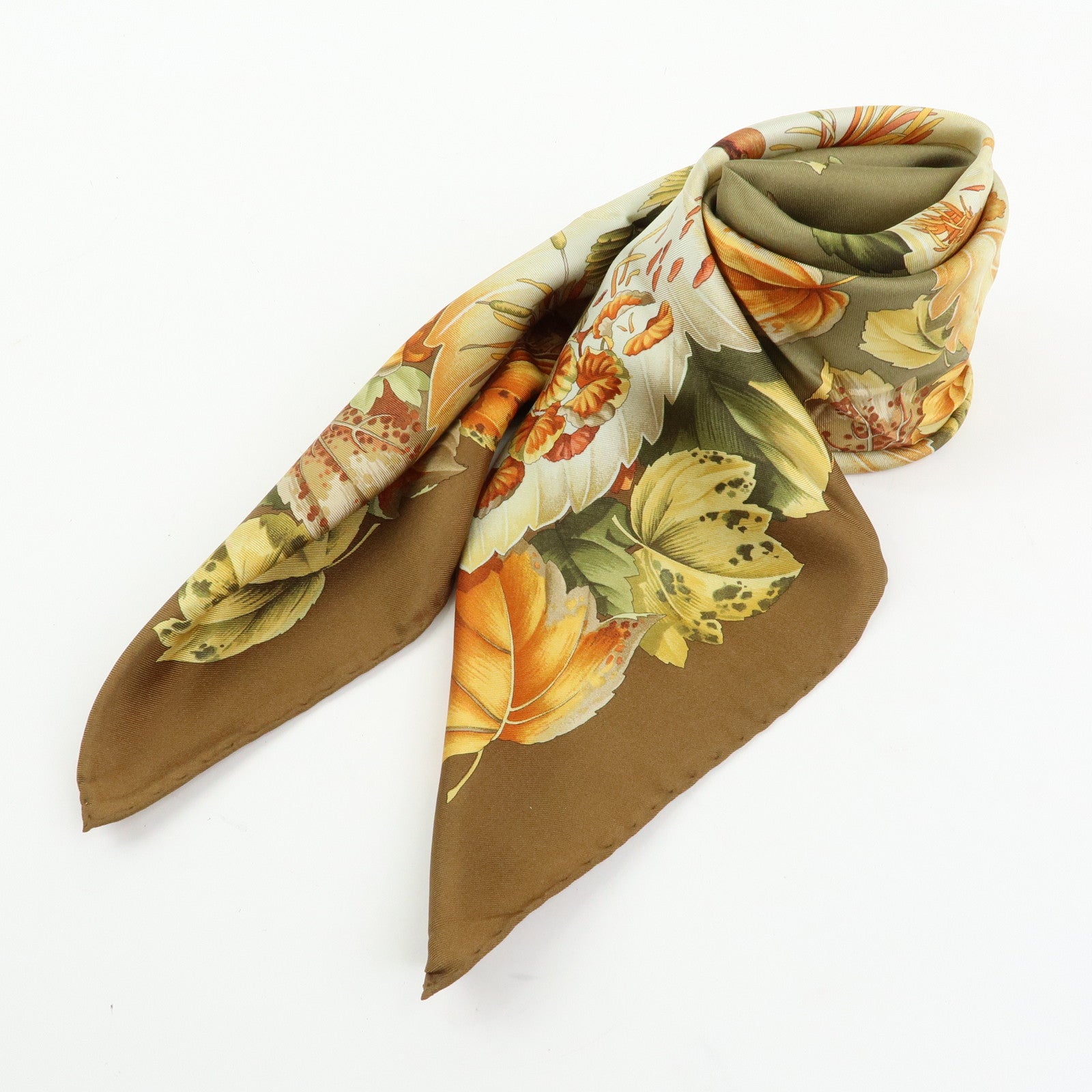 Ferragamo Silk 100% Scarf Autumn Bird And Leaf 85x85 Brown Orange