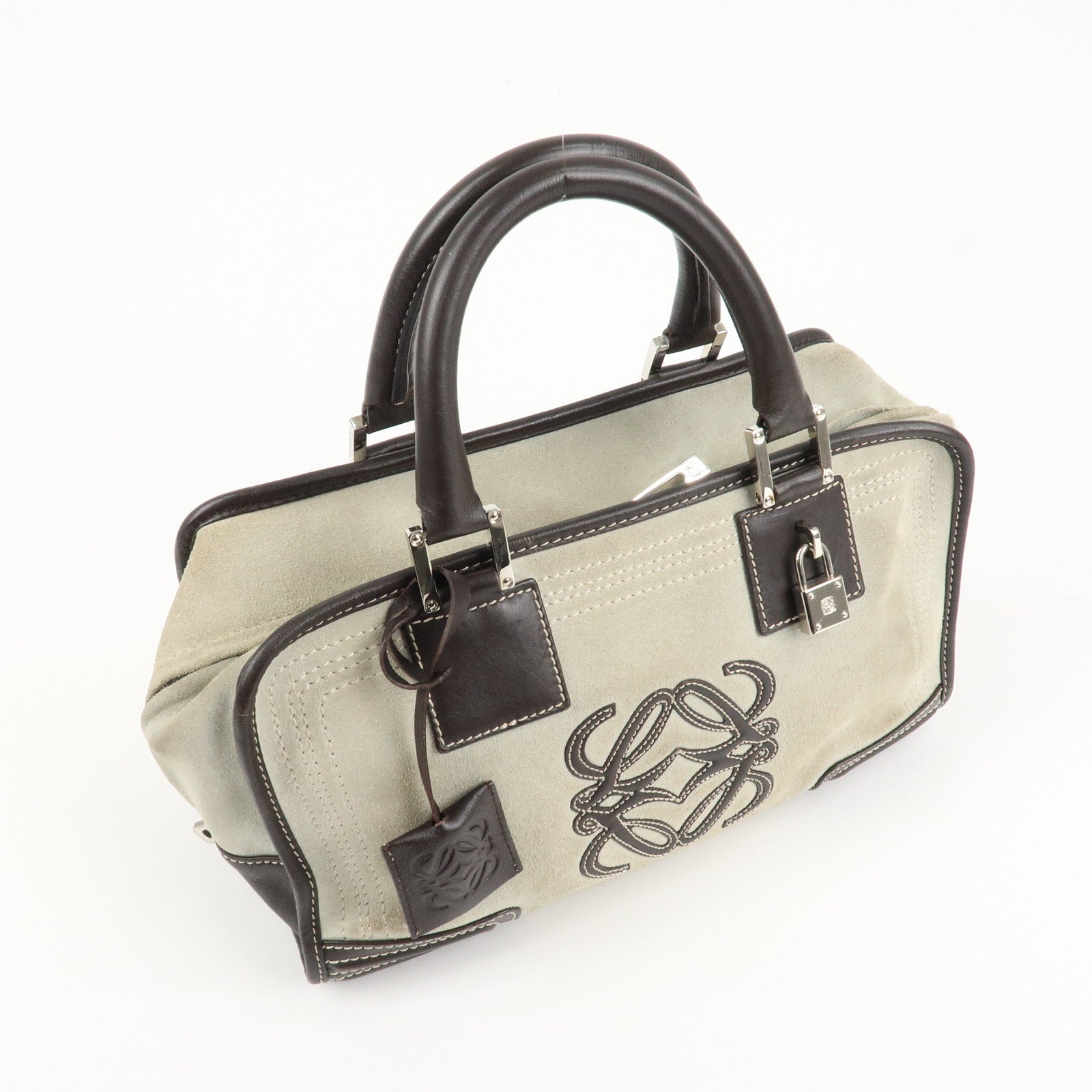 LOEWE Anagram Amazona 28 Suede Leather Hand Bag Ivory Brown Used