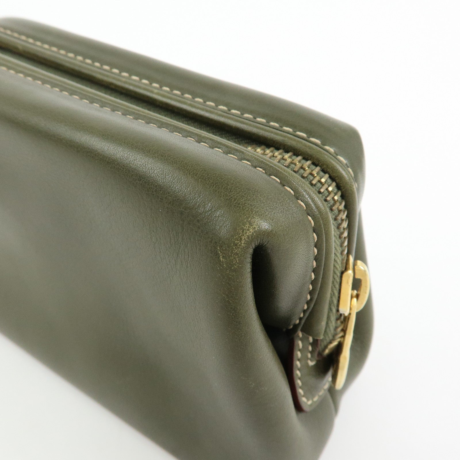 CELINE Logo Leather Accessory Pouch Cosmetic Case Khaki