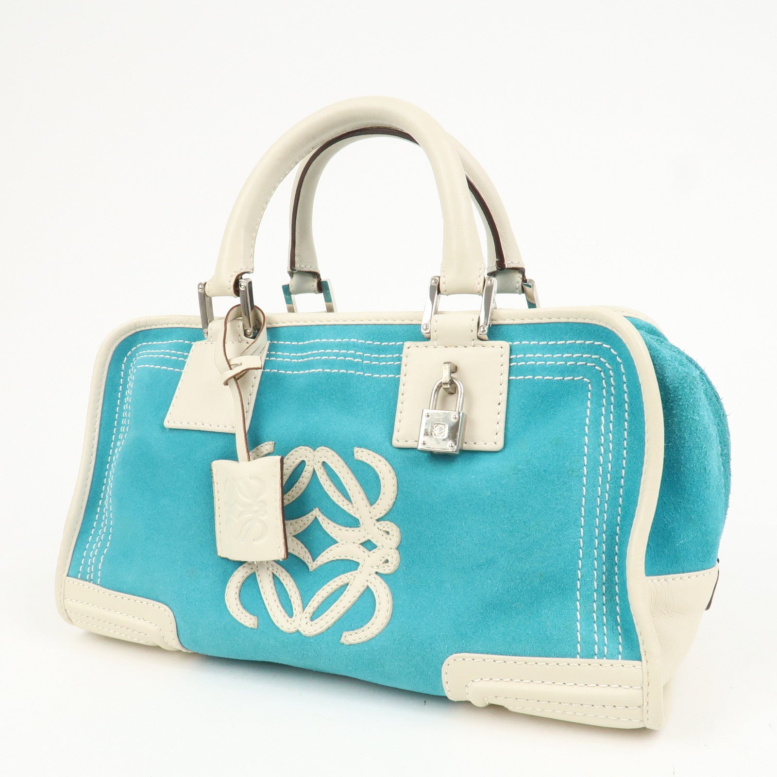 LOEWE Anagram Suede Leather Amazona 28 Hand Bag Blue White