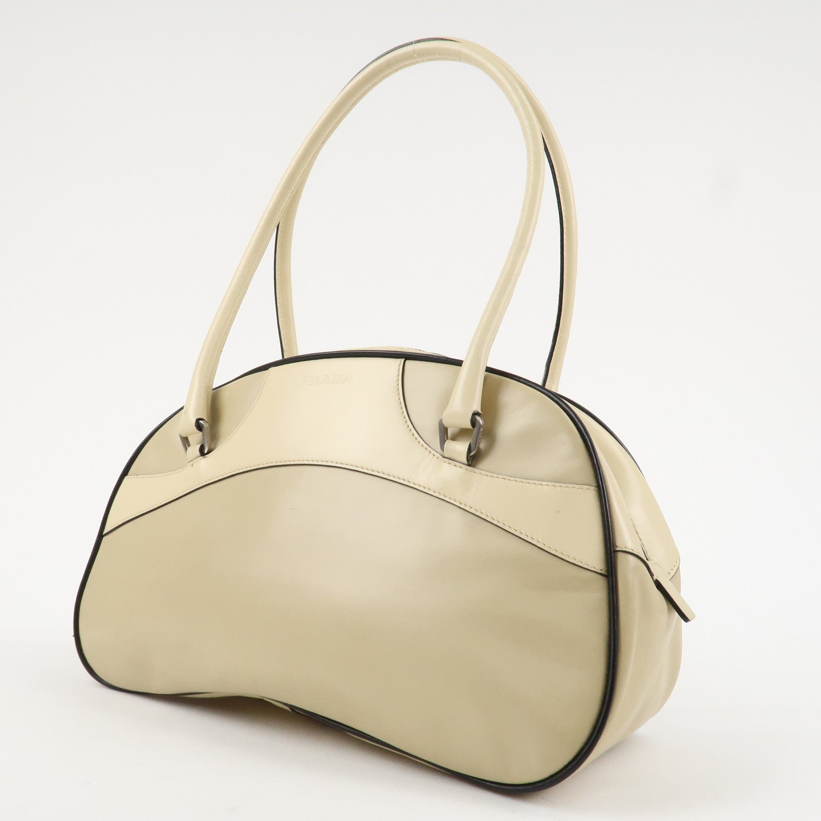 PRADA Leather Bowling Bag Boston Bag Ivory Silver Hardware BL0049 Used