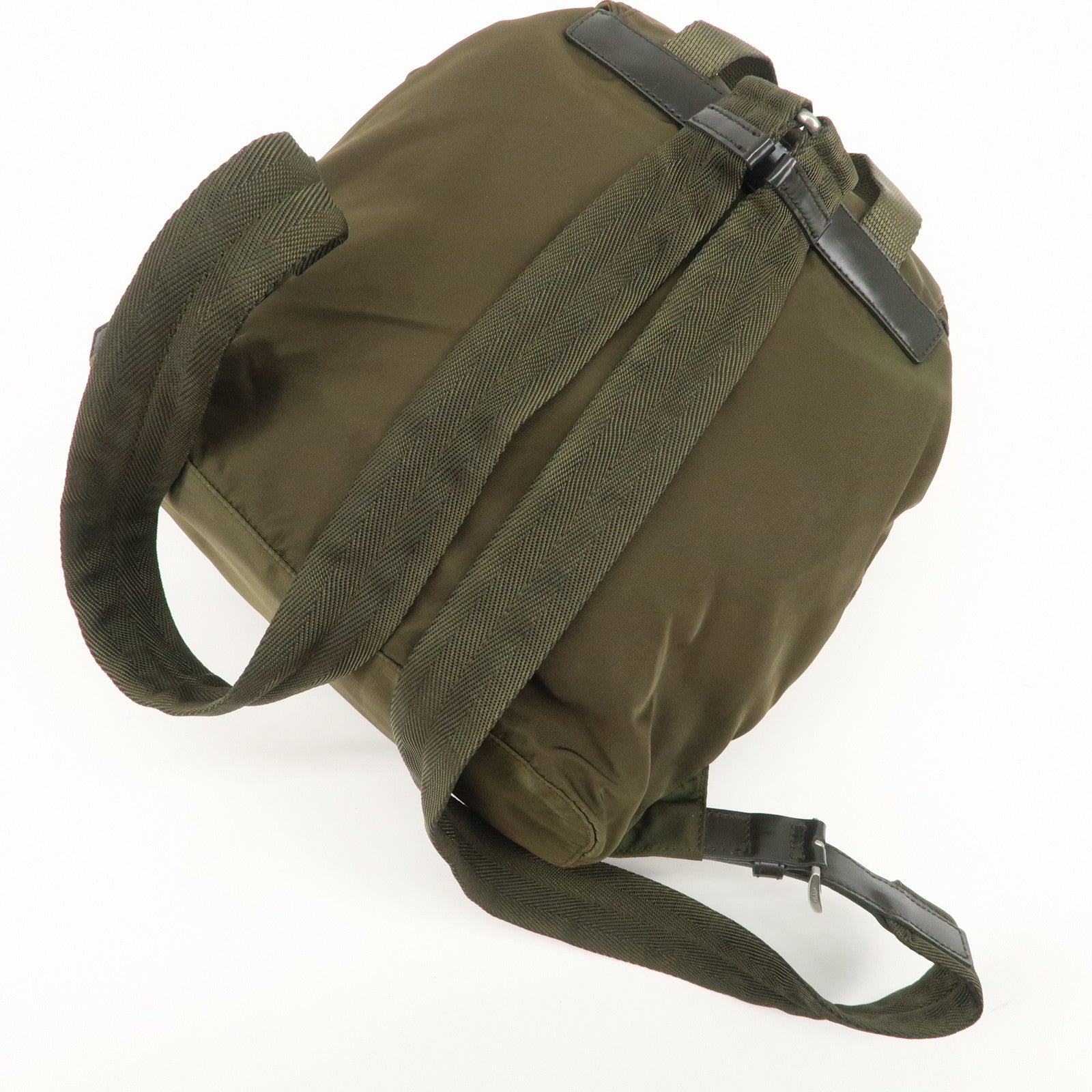 PRADA Triangle Logo Nylon Leather Backpack Ruck Sack Khaki B6677 Used