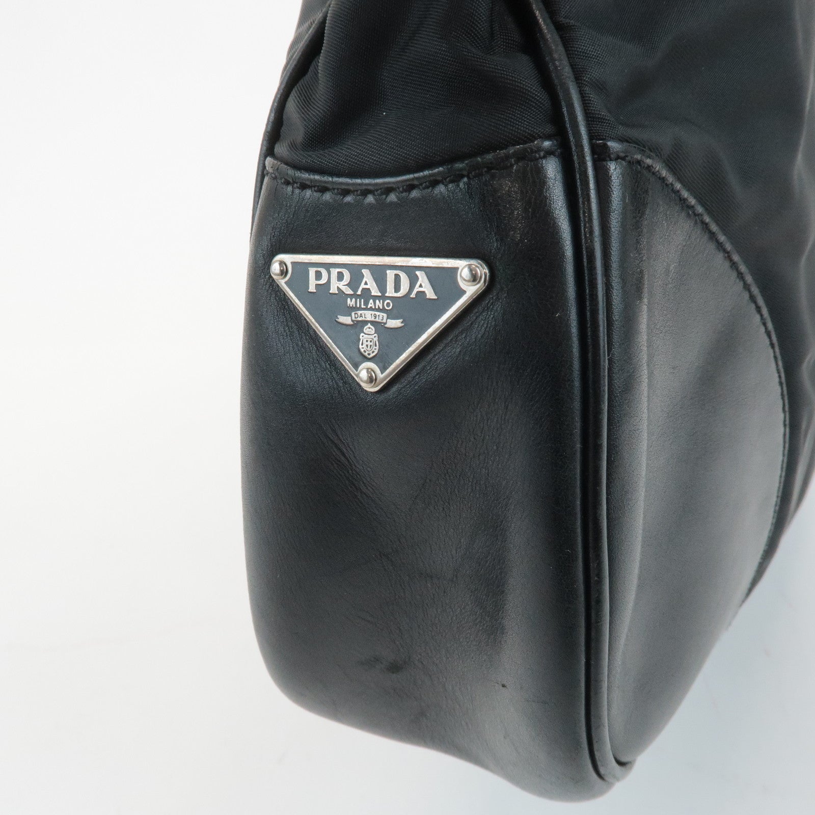 PRADA Triangle Logo Leather Nylon Shoulder Bag Black