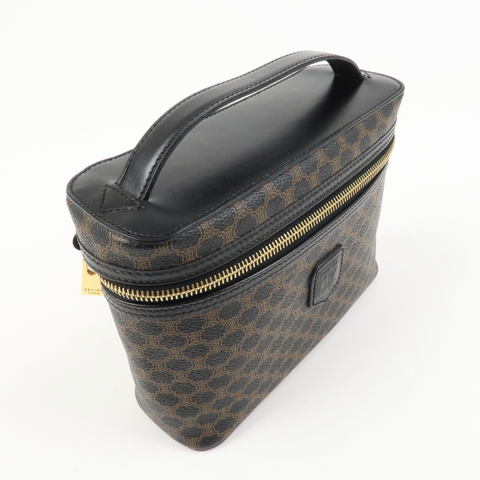 CELINE Macadam PVC Coating Canvas Leather Vanity Bag Hand Bag Black