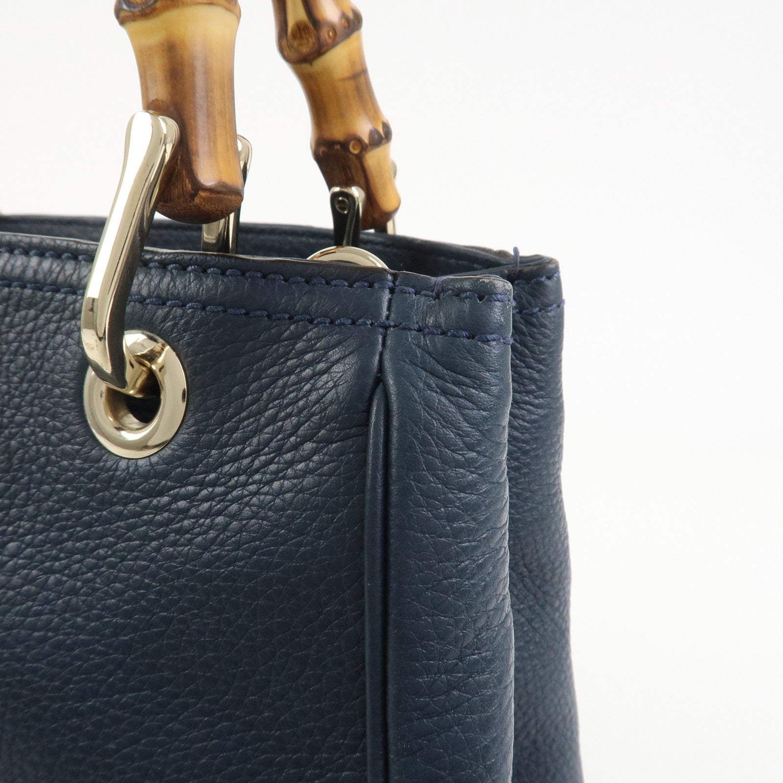 GUCCI Bamboo Shopper Small Leather 2Way Hand Bag Navy 336032
