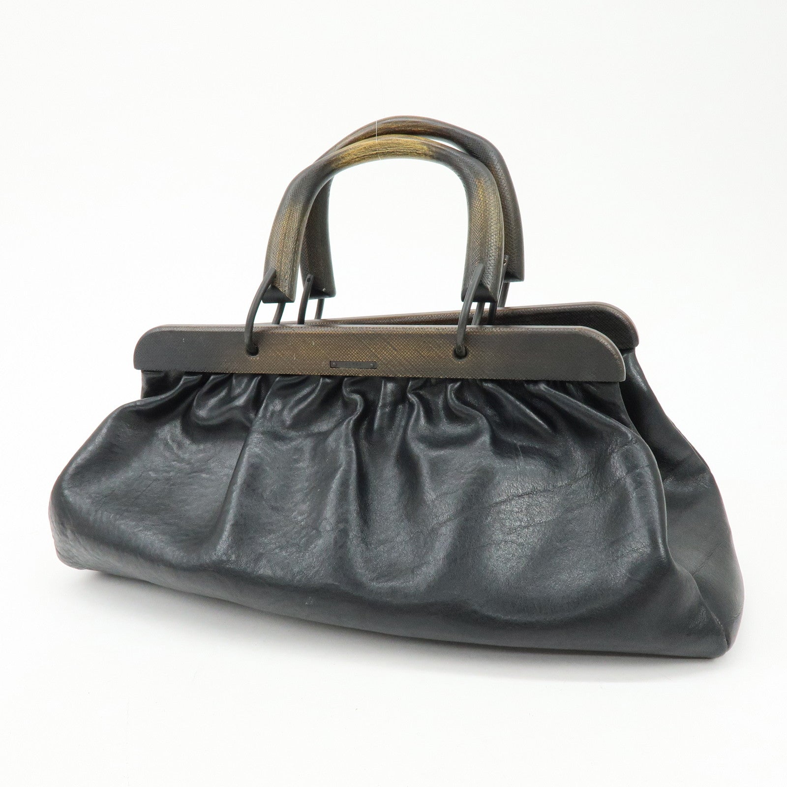 GUCCI Leather Wood Hand Bag Doctor Bag Black 105377