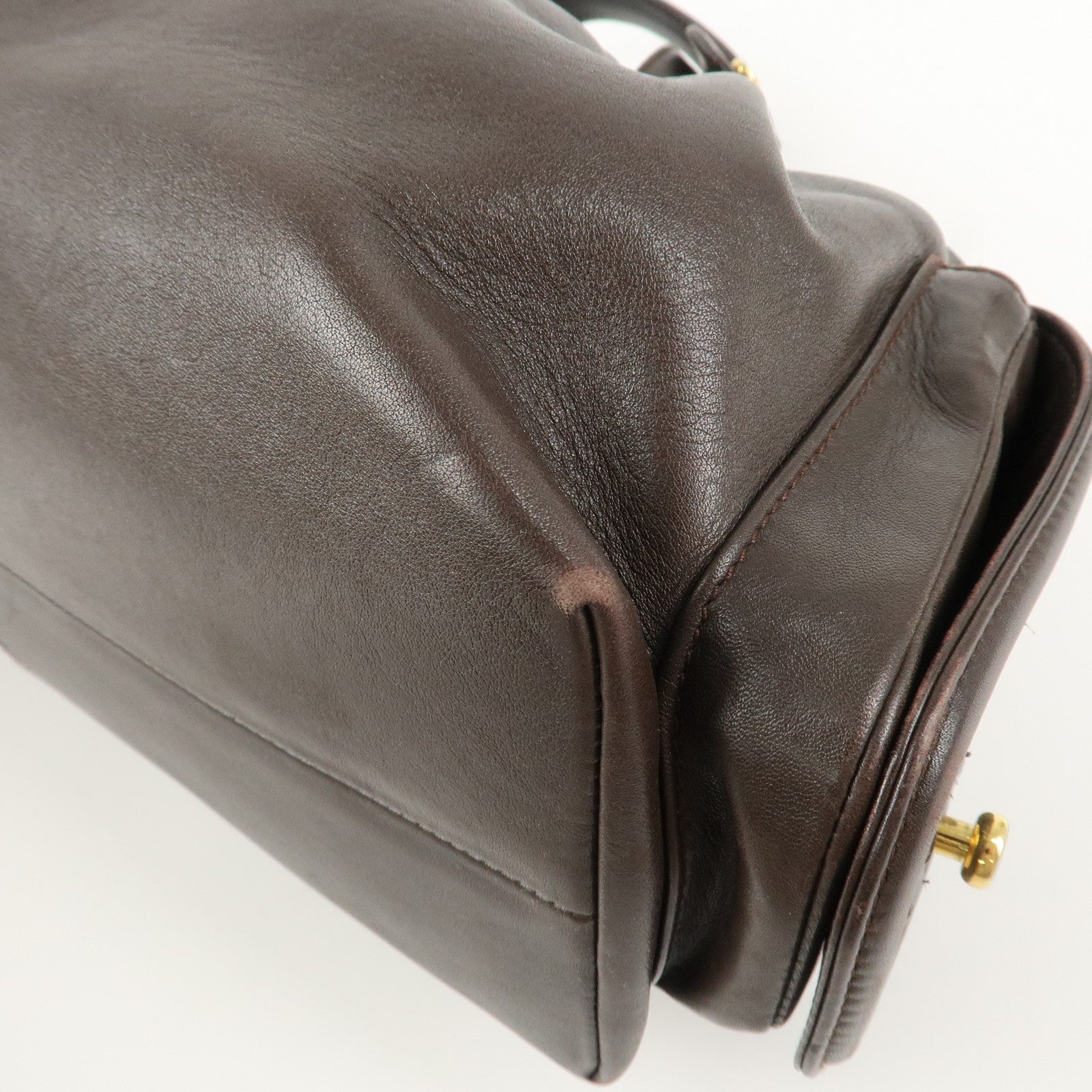 BVLGARI Leoni Leather Hand Bag Boston Bag Brown Gold Hardware Used