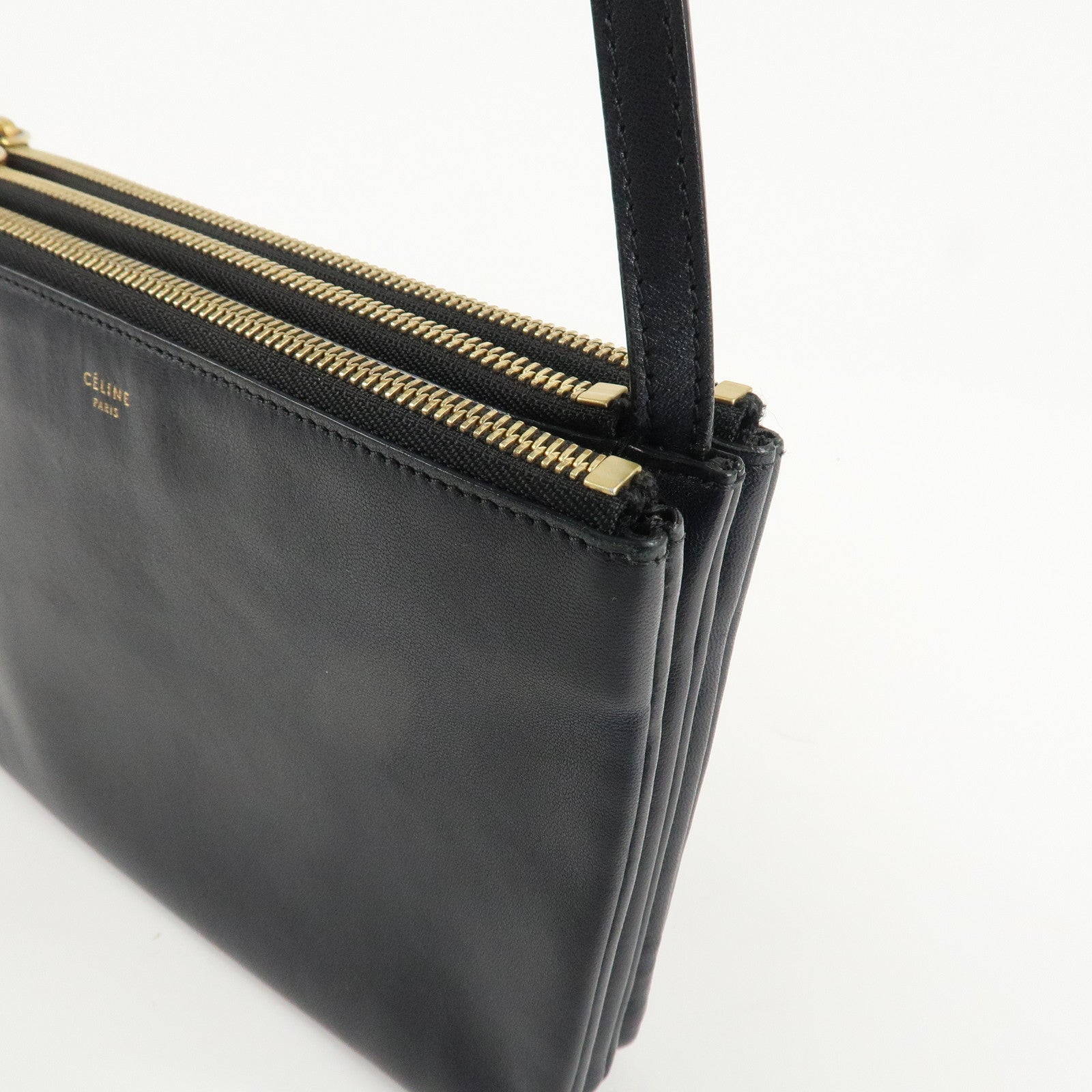 CELINE Trio Leather Shoulder Bag Black Gold Hardware Used