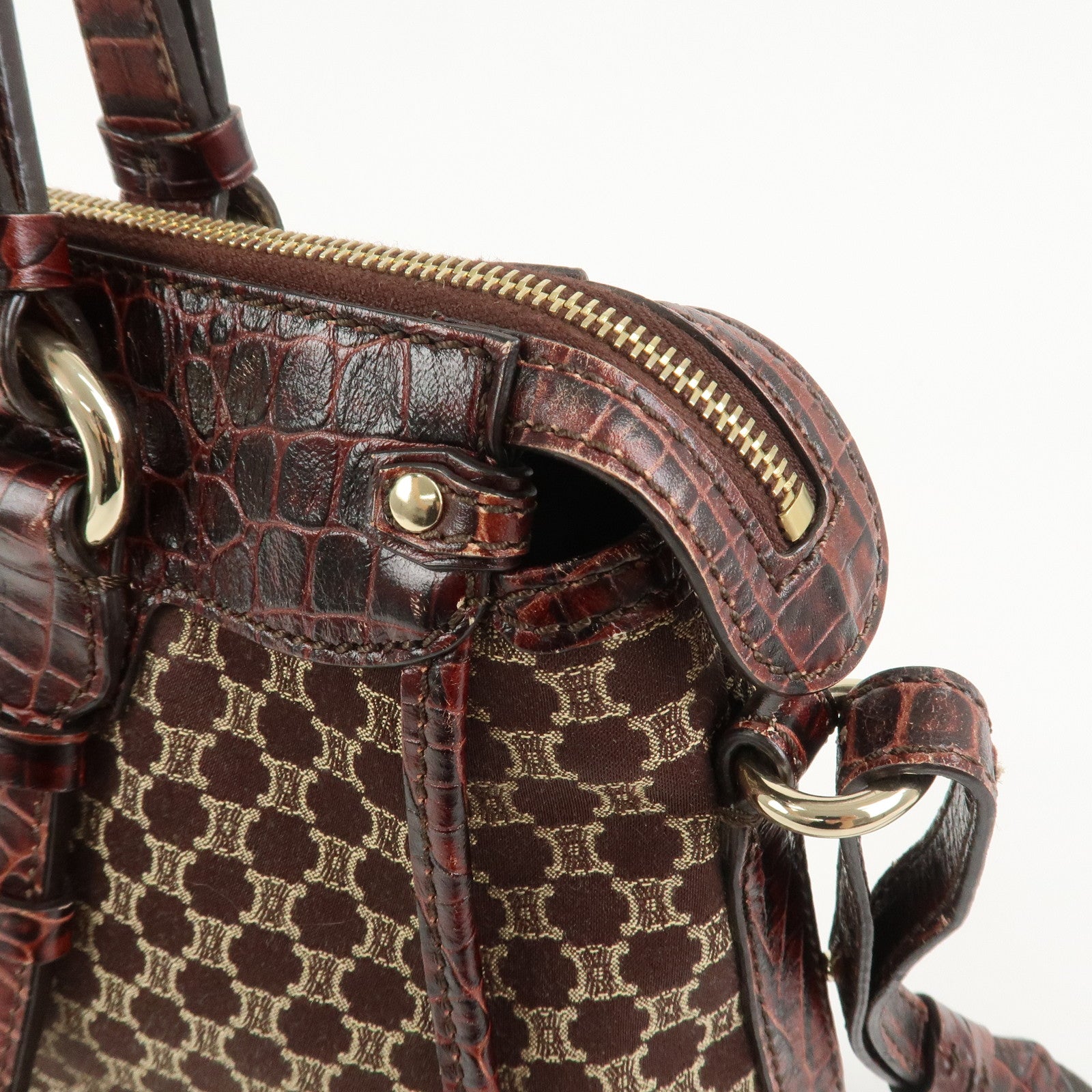 CELINE Macadam Canvas Emboss Leather 2 Way Bag Hand Bag Brown