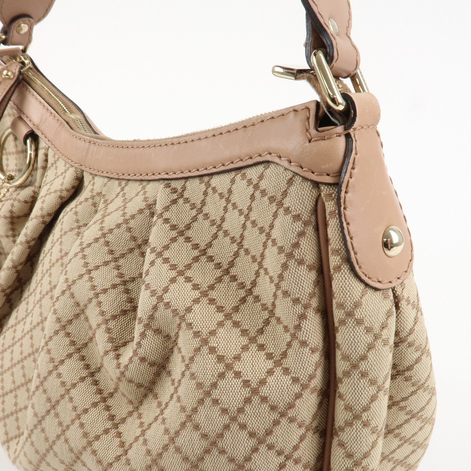 GUCCI Sukey Canvas Leather Shoulder Bag Beige Pink Gold HDW 232955 Used