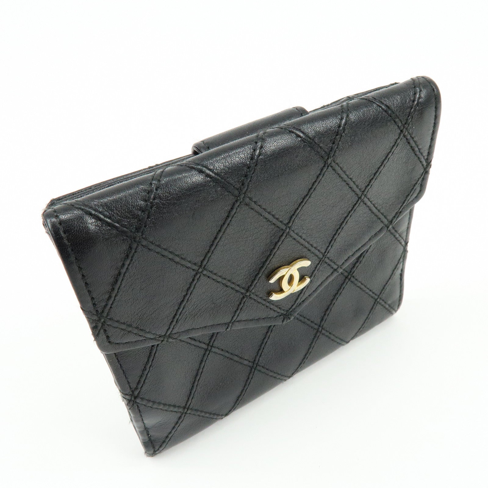 CHANEL Bicolore COCO Mark Calf Leather Compact Bi-fold Wallet Black