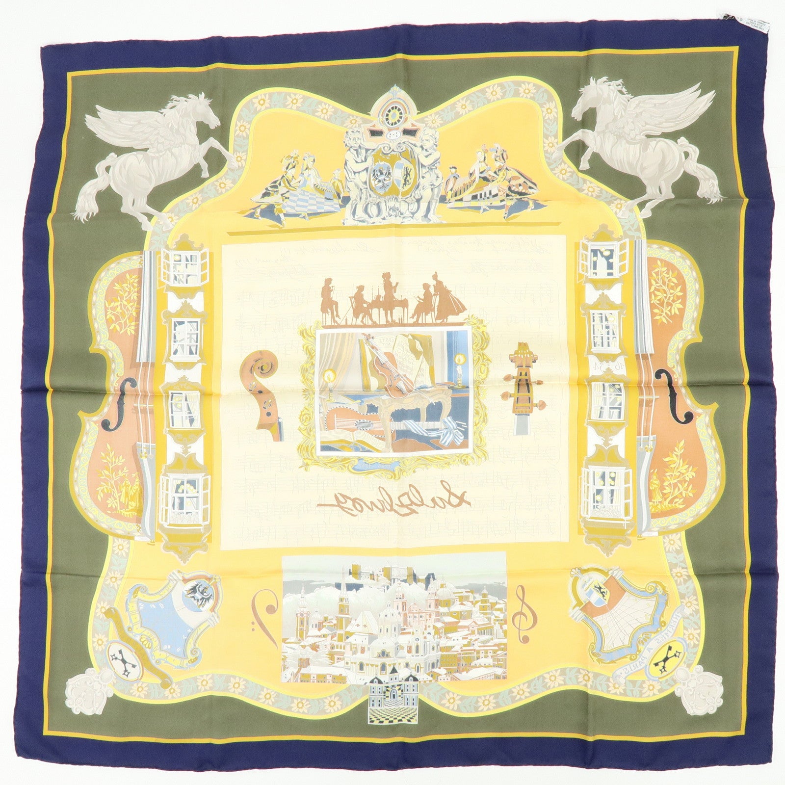 HERMES Carre 90 Silk 100% Scarf IN SALZBURG Beige Yellow Khaki