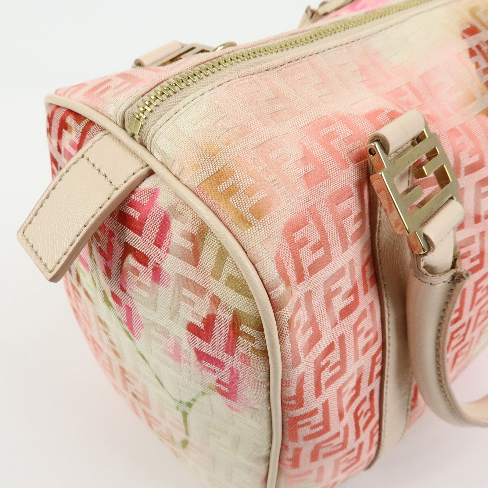 FENDI Zucchino Canvas Leather Mini Boston Bag Hand Bag Pink Ivory
