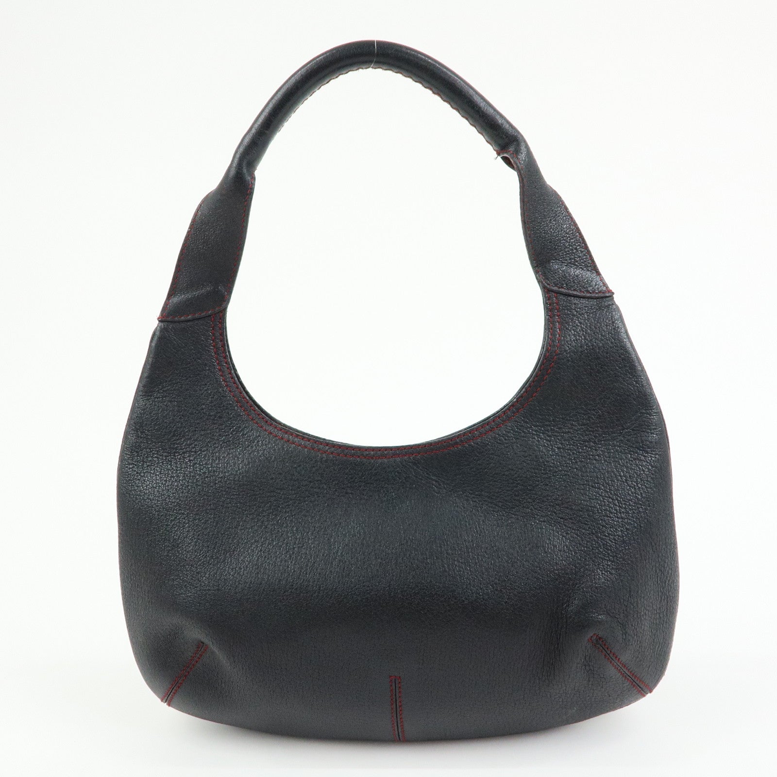 Ferragamo Leather Red Stich Shoulder Bag Hand Bag Black