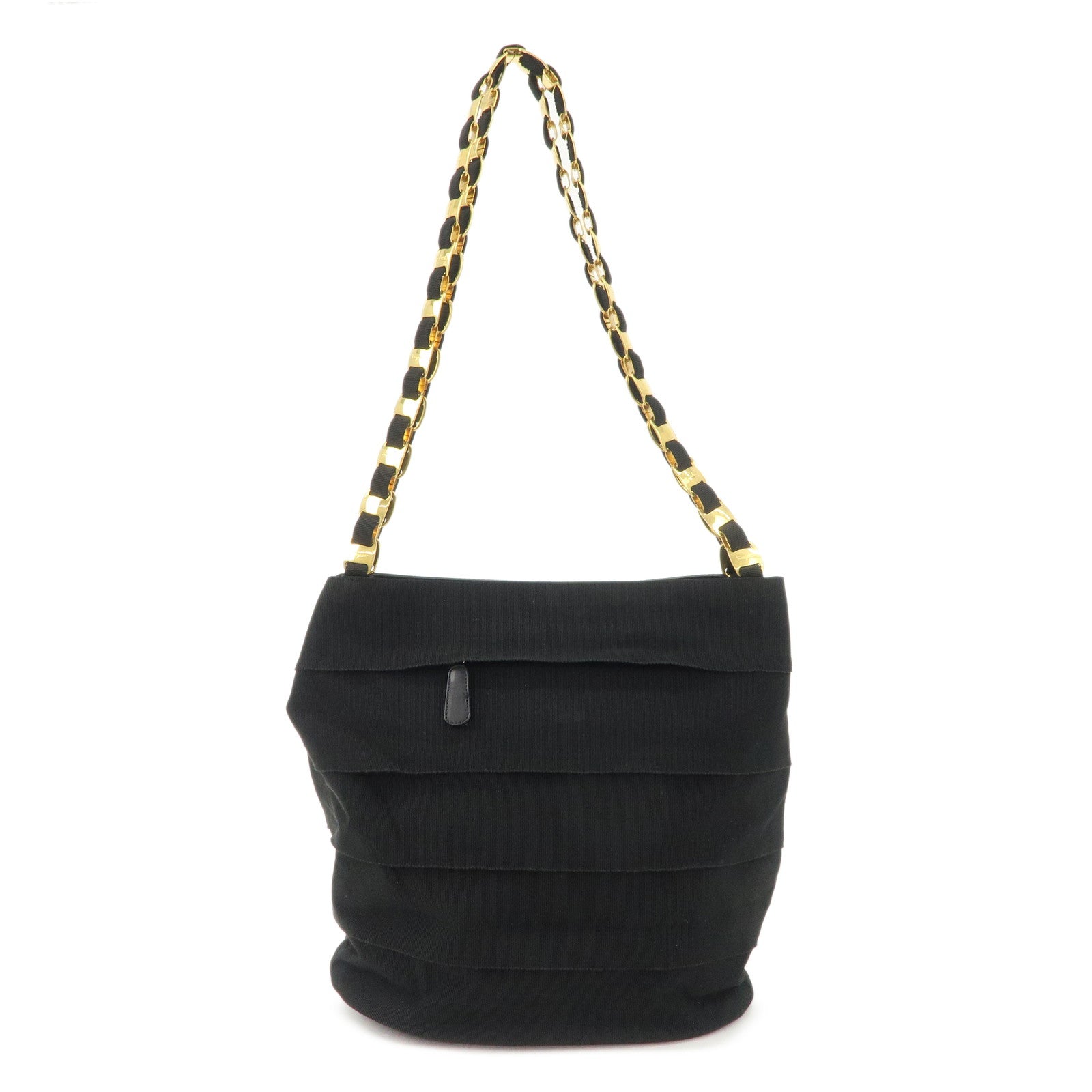 Ferragamo Leather Canvas Chain Tote Bag Hand Bag Black Gold Hardware Used