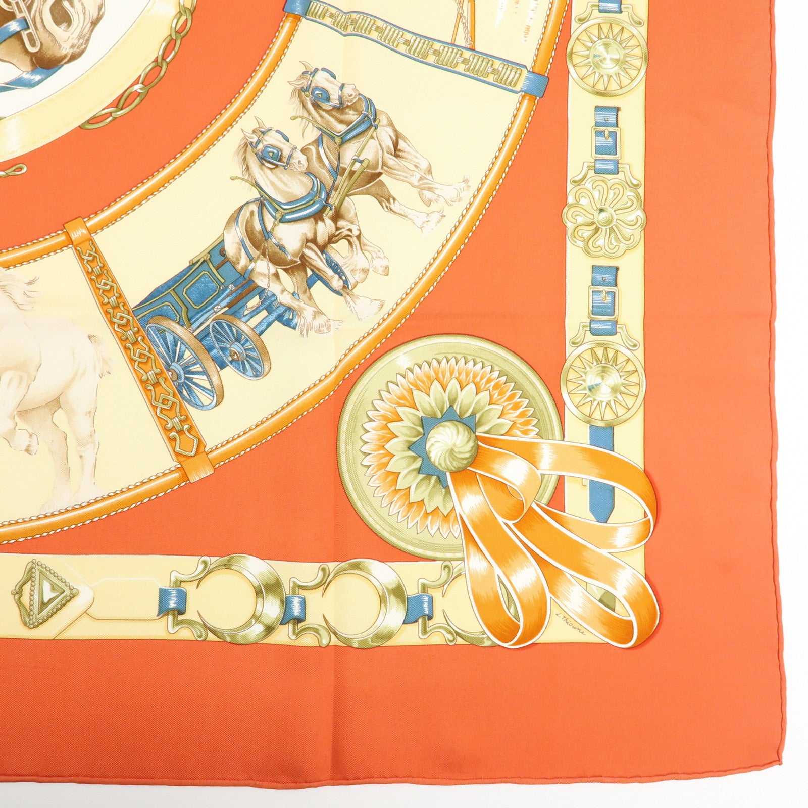 HERMES Carre 90 Silk 100% CHEVAUX DE TRAIT Scarf Orange Beige