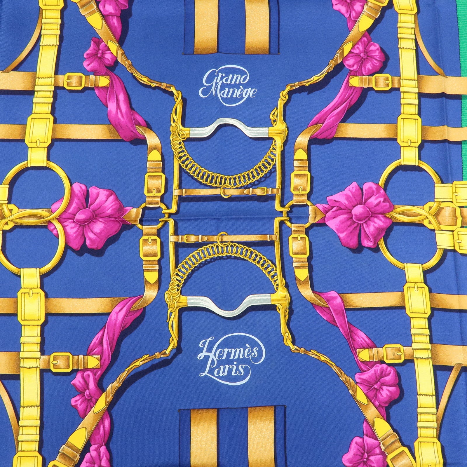 HERMES Carre 90 Silk 100% Scarf Grand Manege Detail Blue Gold