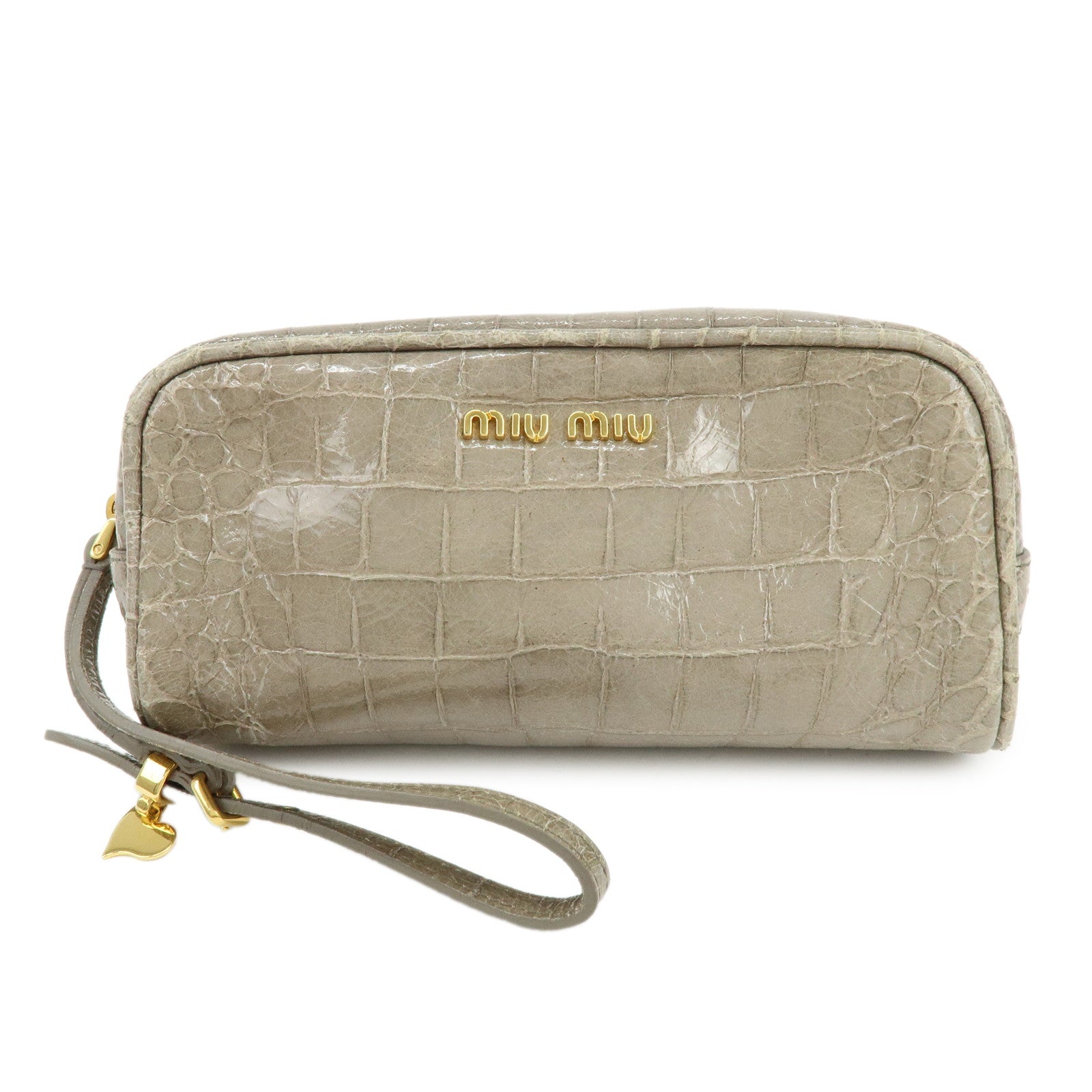 MIU MIU Embossed Leather Clutch Bag Wrist Bag Cosmetic Pouch Greige