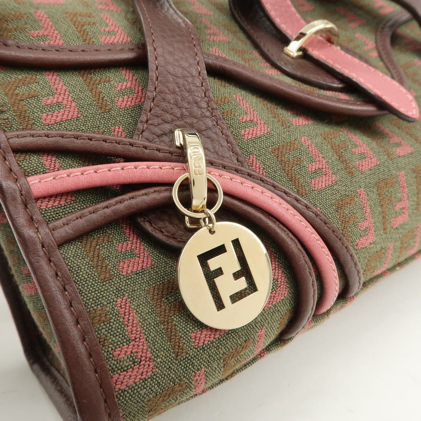 FENDI Zucchino Logo Canvas Leather Hand Bag Brown Pink 8BN147