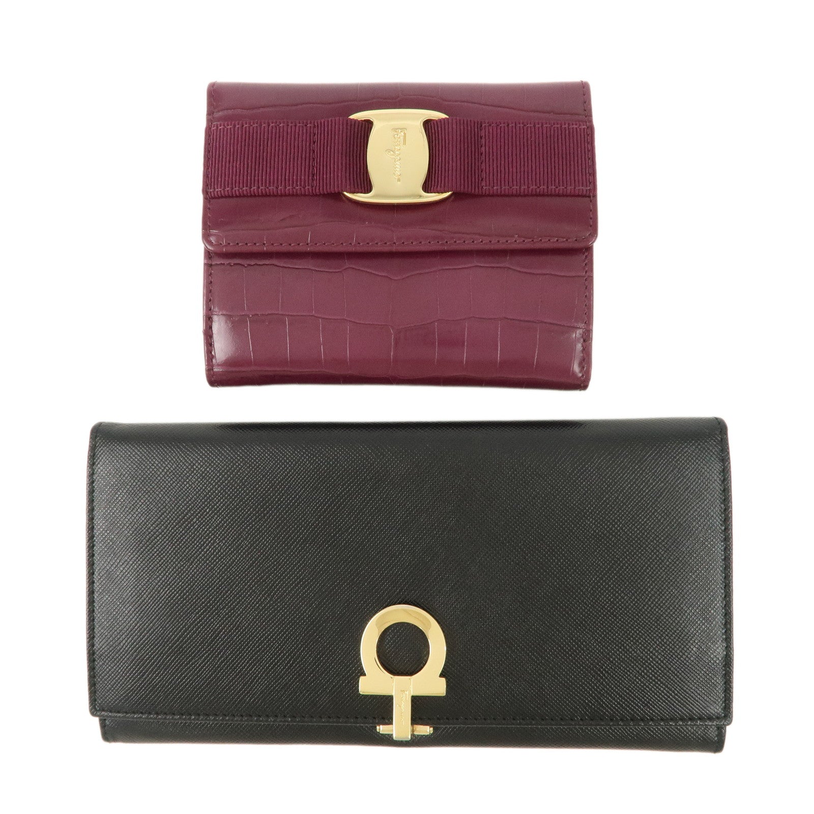 Ferragamo Gancini Vara Leather Wallet Set Of 2 Black Purple Used