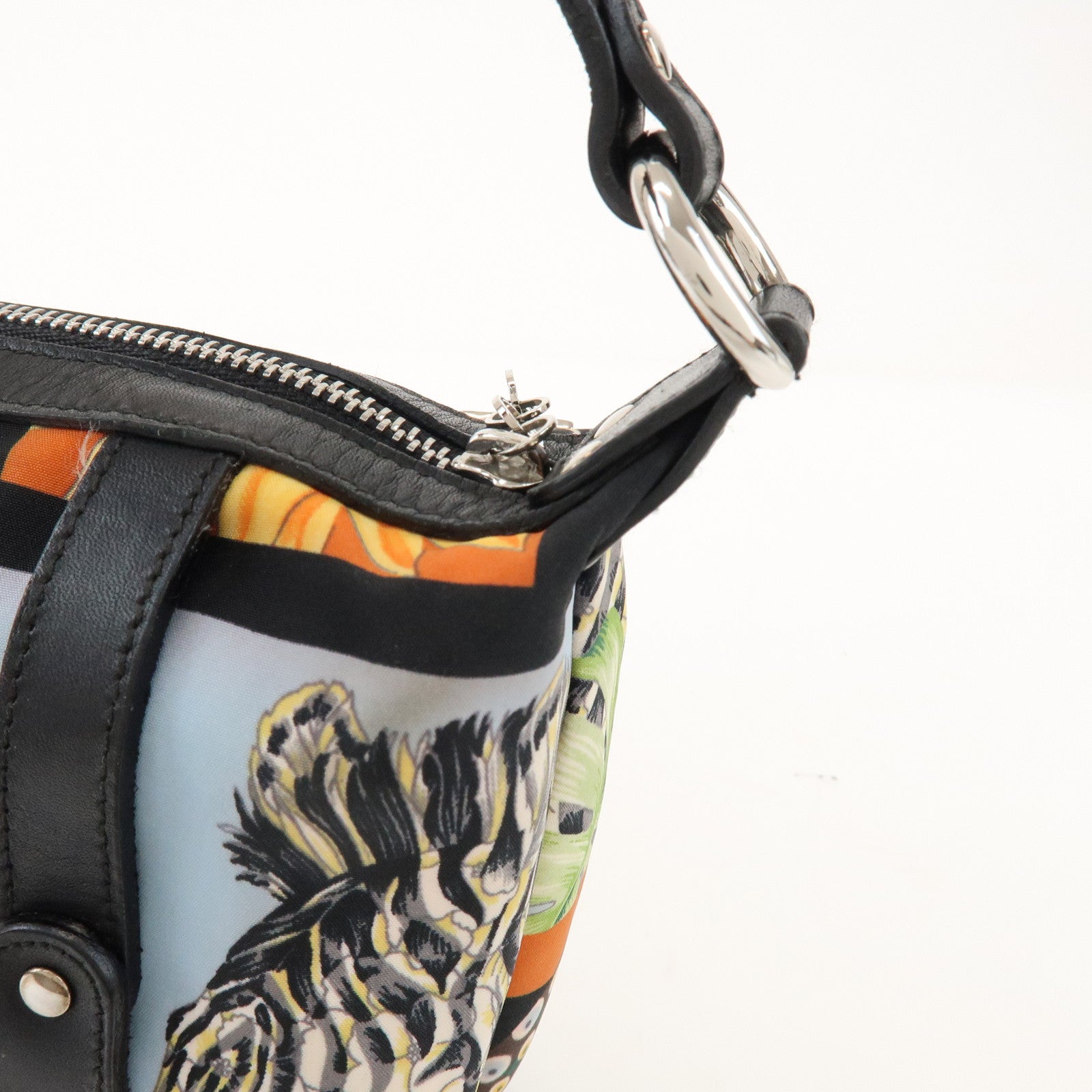 Ferragamo Nylon Leather Shoulder Bag Black Multicolor Animal