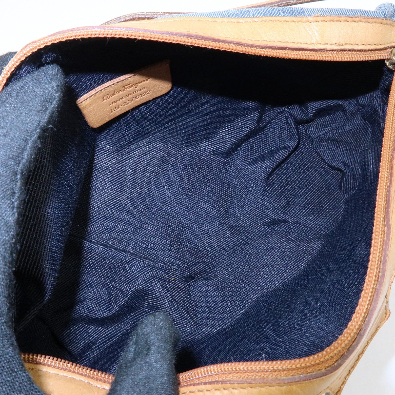 Ferragamo Gancini Canvas Leather Hand Bag Blue Light brown