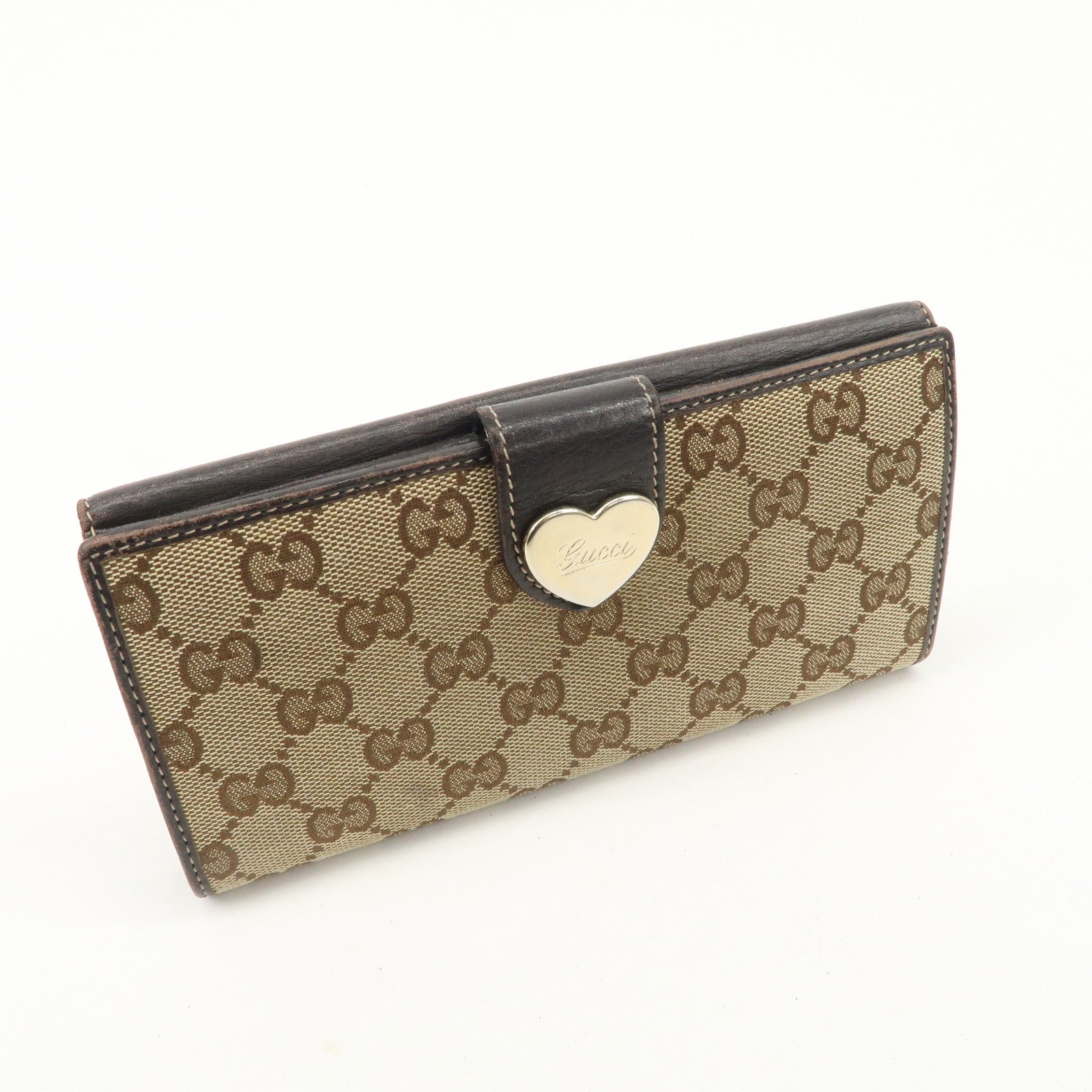 GUCCI Lovely Heart GG Canvas Leather Bi-fold Long Wallet Brown 203550 Used