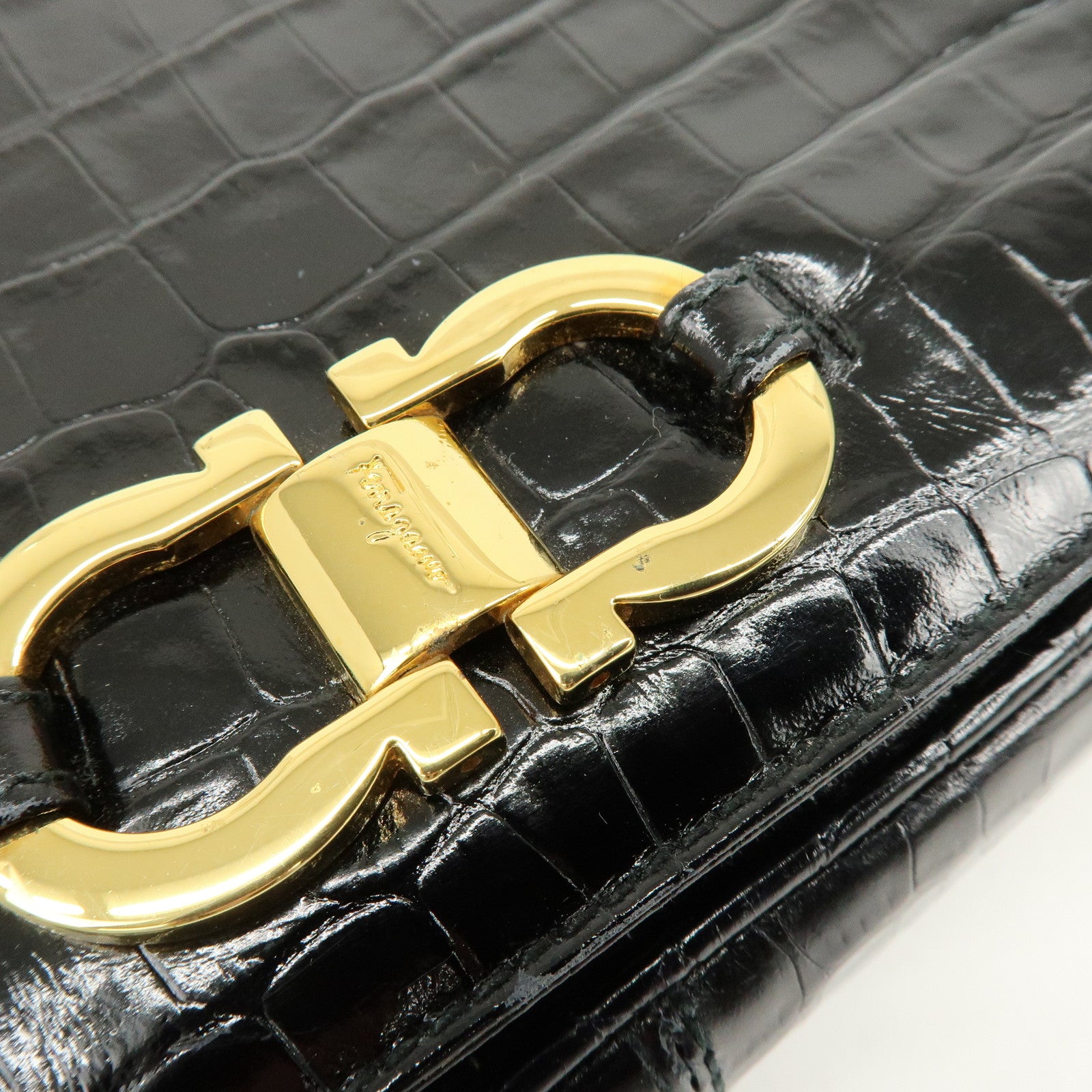Ferragamo Gancini Embossed Leather Shoulder Bag Crossbody Bag Black