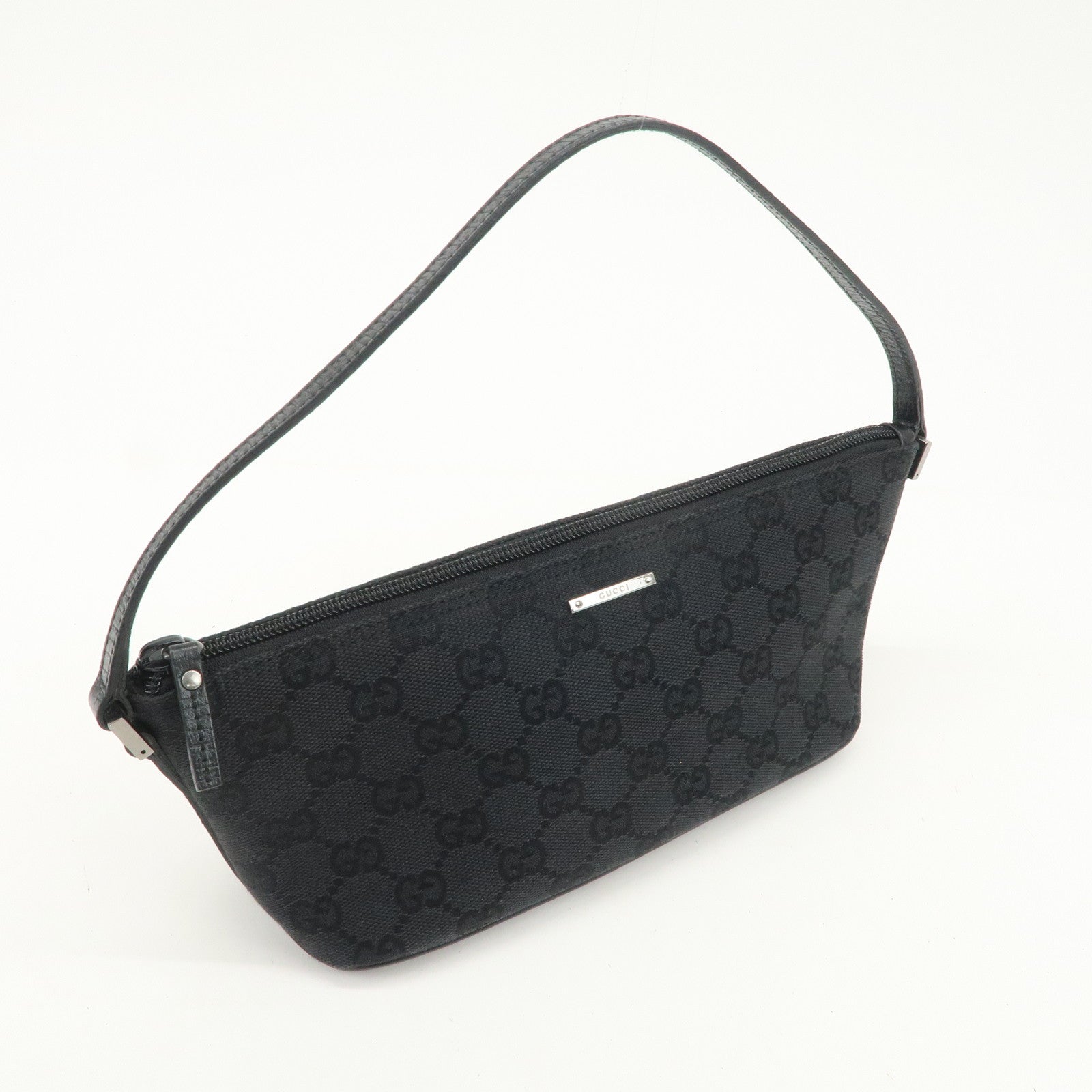 GUCCI Boat Bag GG Monogram Canvas Leather Hand Bag Black 07198