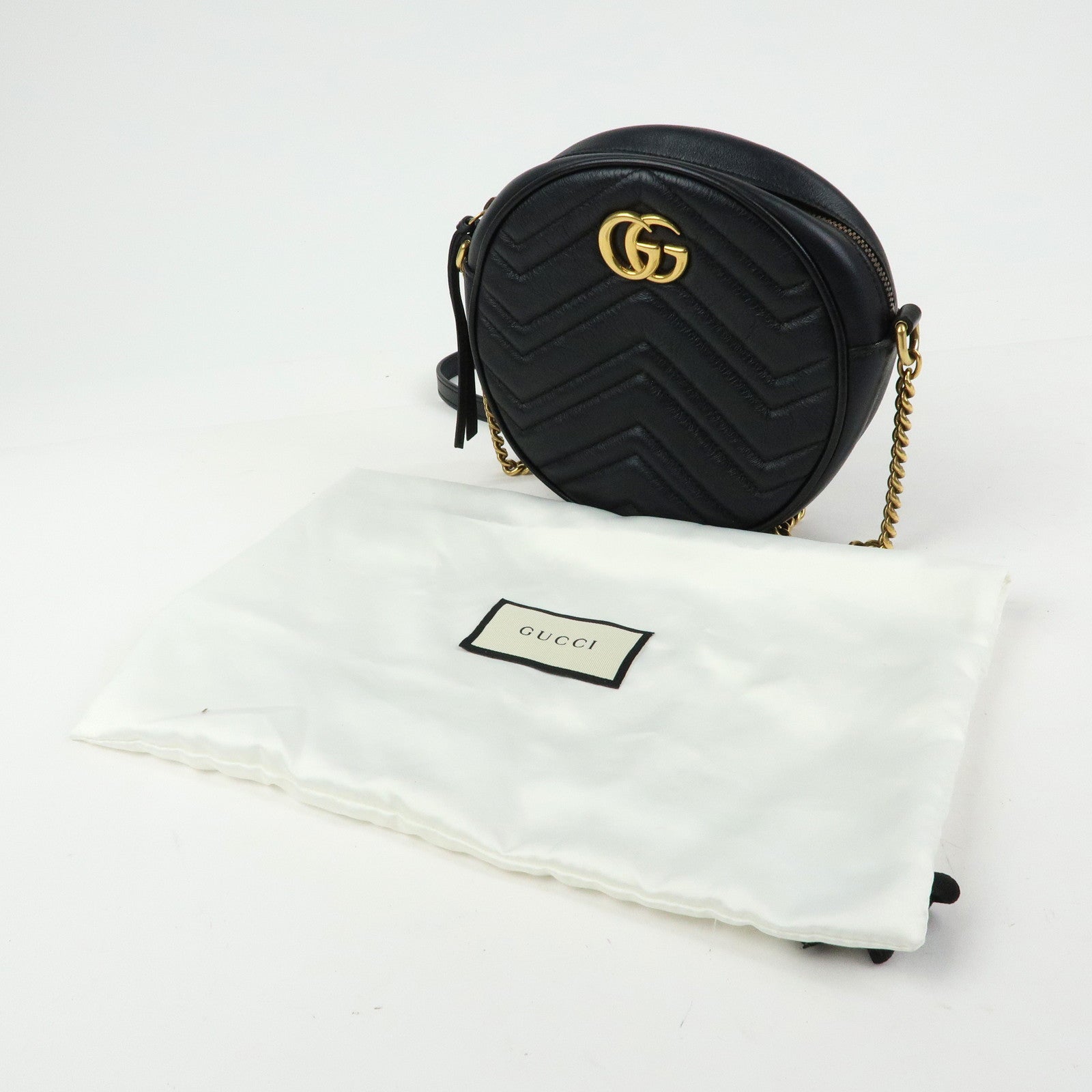 GUCCI GG Marmont Leather Chain Shoulder Round Bag Black 550154