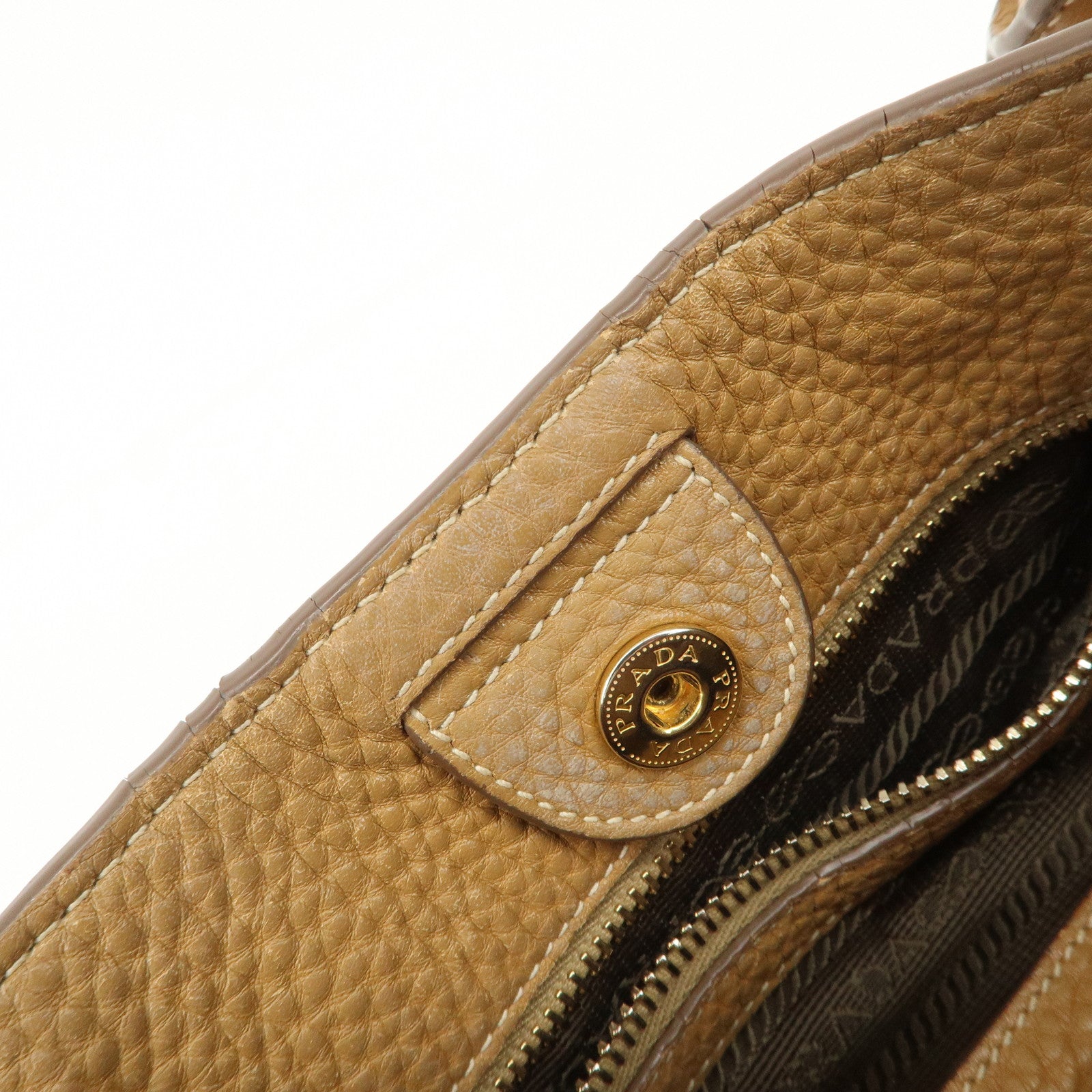 PRADA Leather Tote Bag Hand Bag Shoulder Bag Beige Gold HDW Used