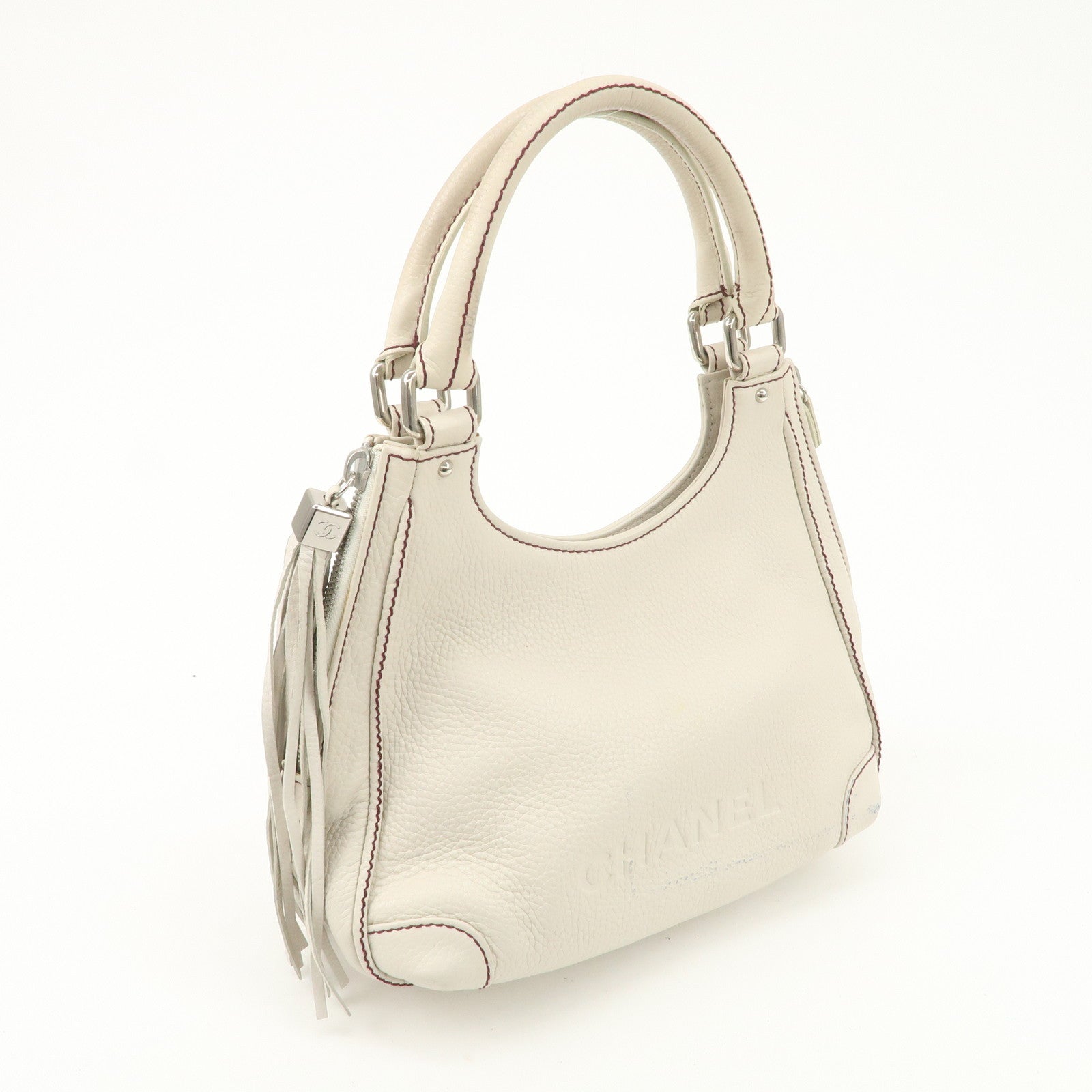 CHANEL Logo Calf Leather Fringe Tassel Shoulder Bag Hand Bag White A23055 Used