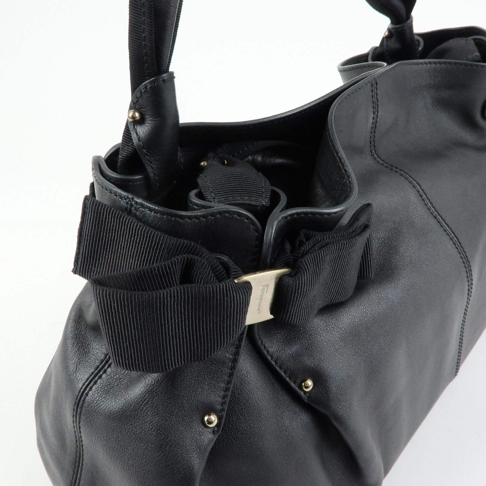 Ferragamo Vara Ribbon Leather Tote Bag Shoulder Bag Hand Bag Black