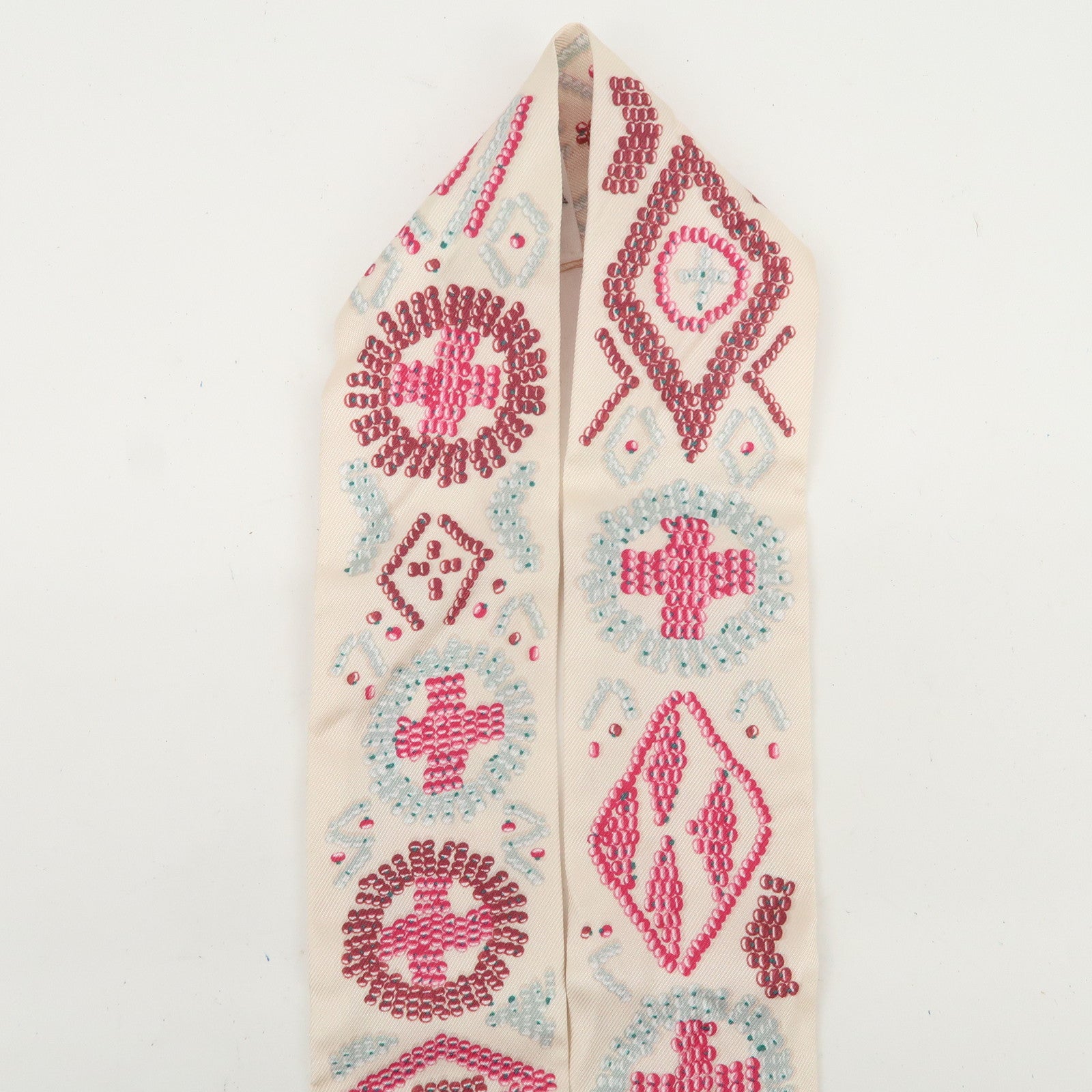 HERMES Twilly Silk 100% KELLY EN PERLES Scarf Ivory Pink