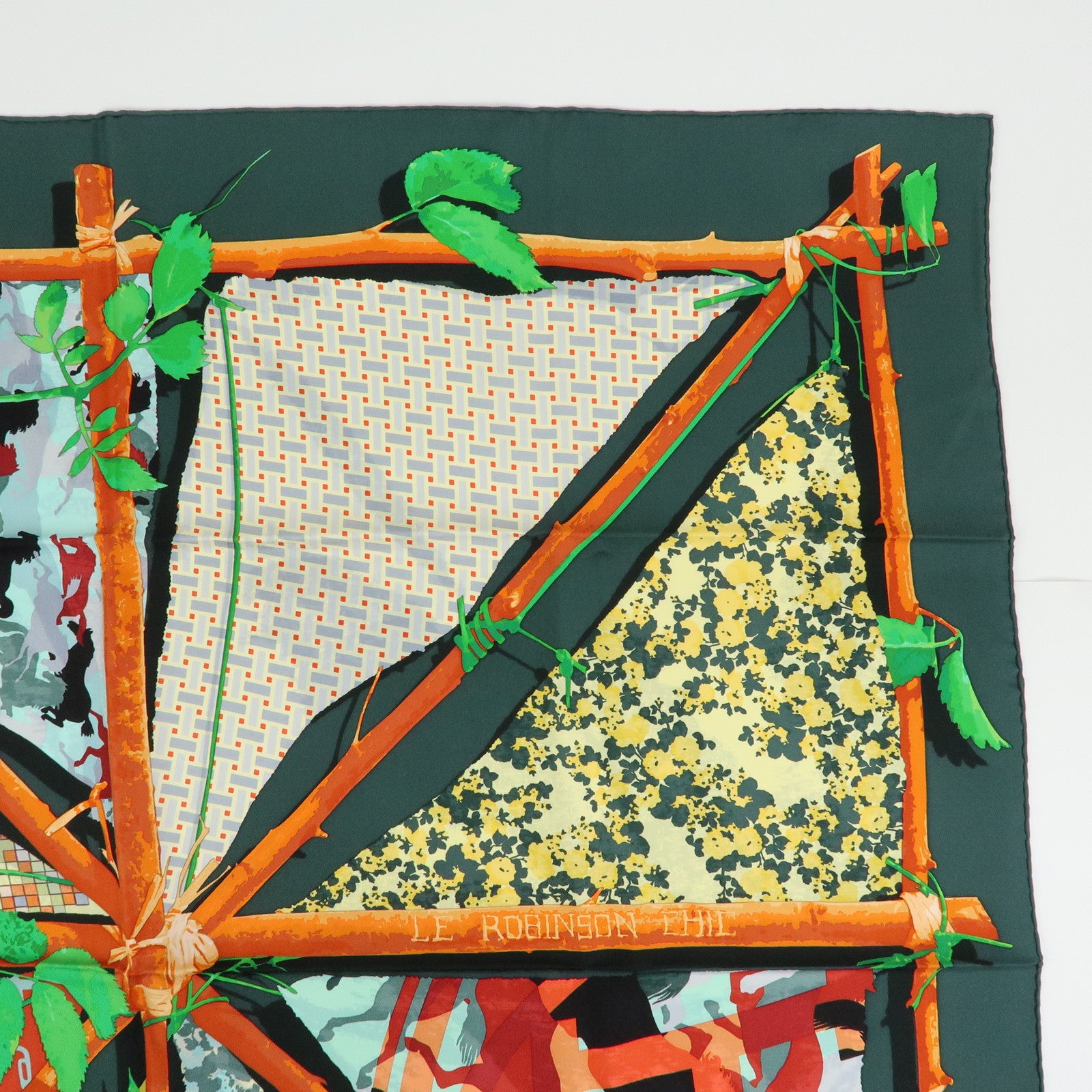 HERMES Carre 90 Silk 100% Scarf LE ROBINSON CHIC Green Brown