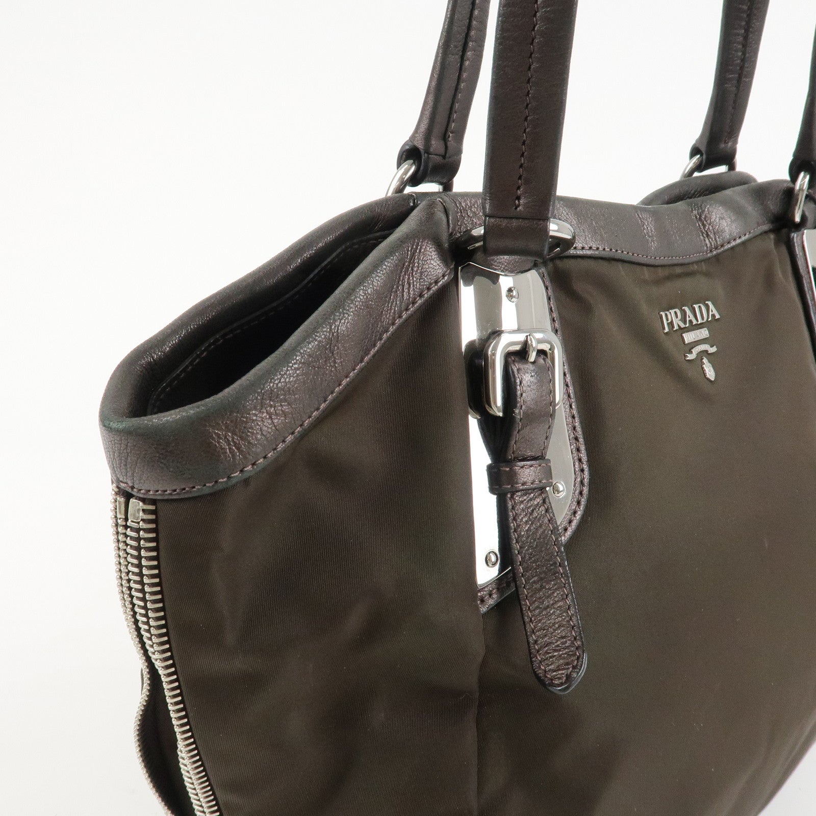 PRADA Logo Nylon Leather Tote Bag Shoulder Bag Khaki Metallic Brown Used