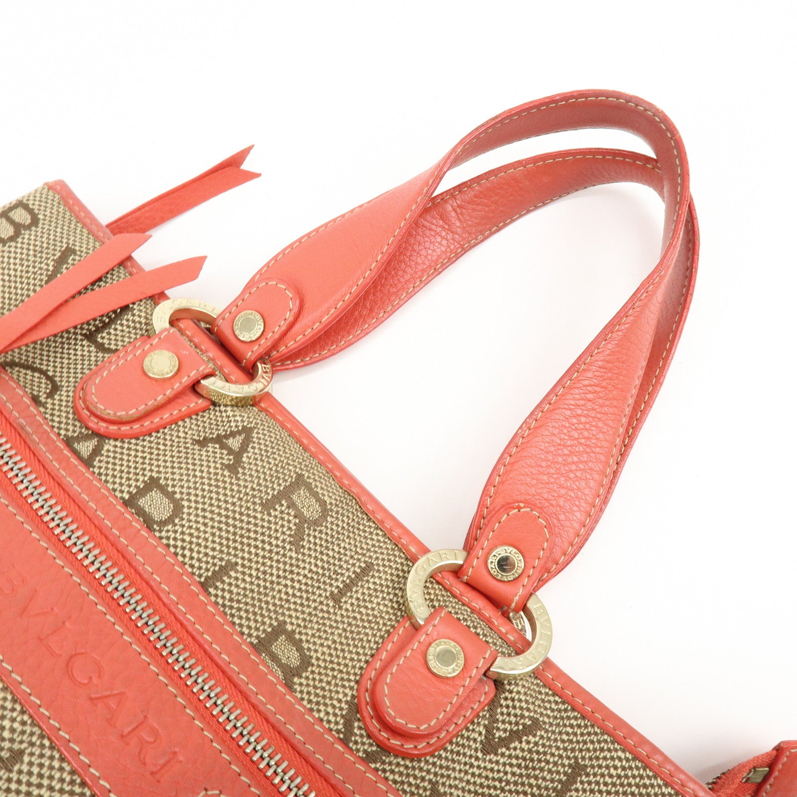 BVLGARI Logo Mania Jacquard Leather Tote Bag Hand Bag Beige Red