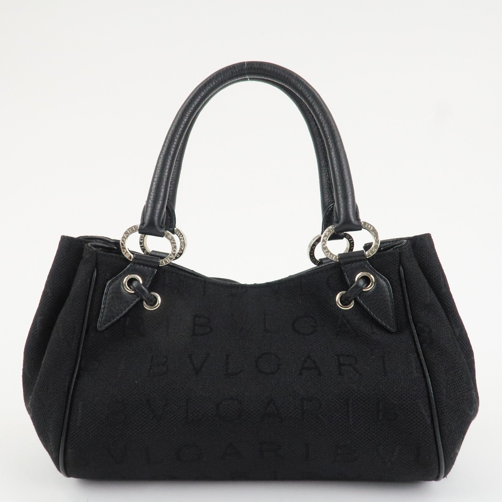 BVLGARI Logo Mania Leather Canvas Tote bag Hand Bag Black Used