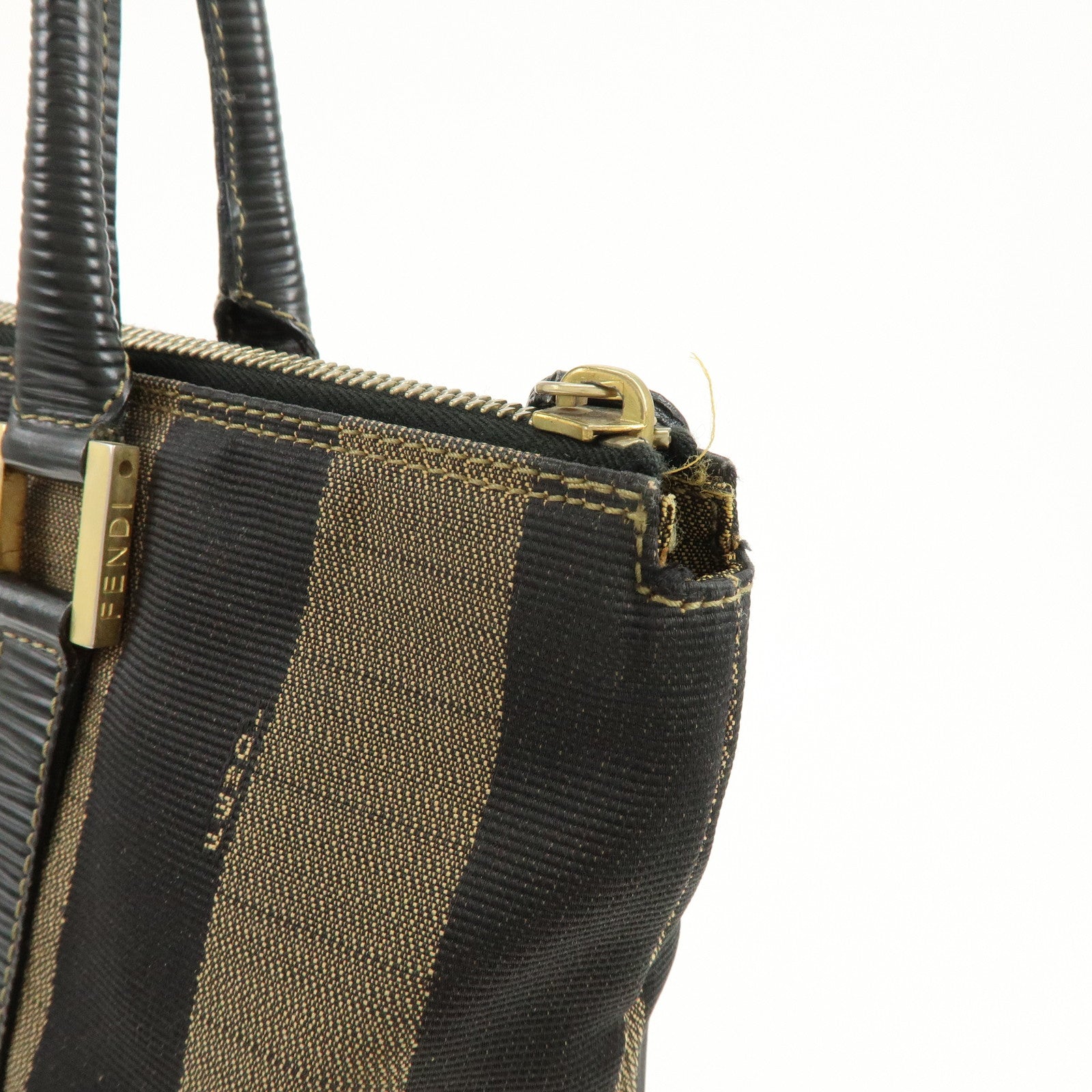 FENDI Pequin Canvas Leather Hand Bag Tote Bag Brown Black