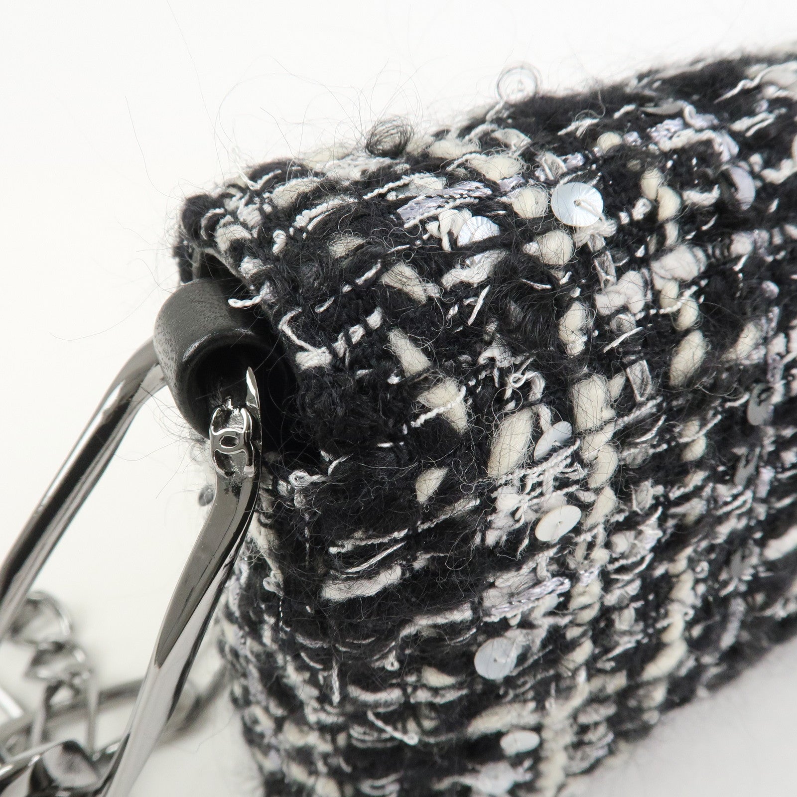CHANEL Tweed Chain Shoulder Bag Hand Bag Black White 8645695