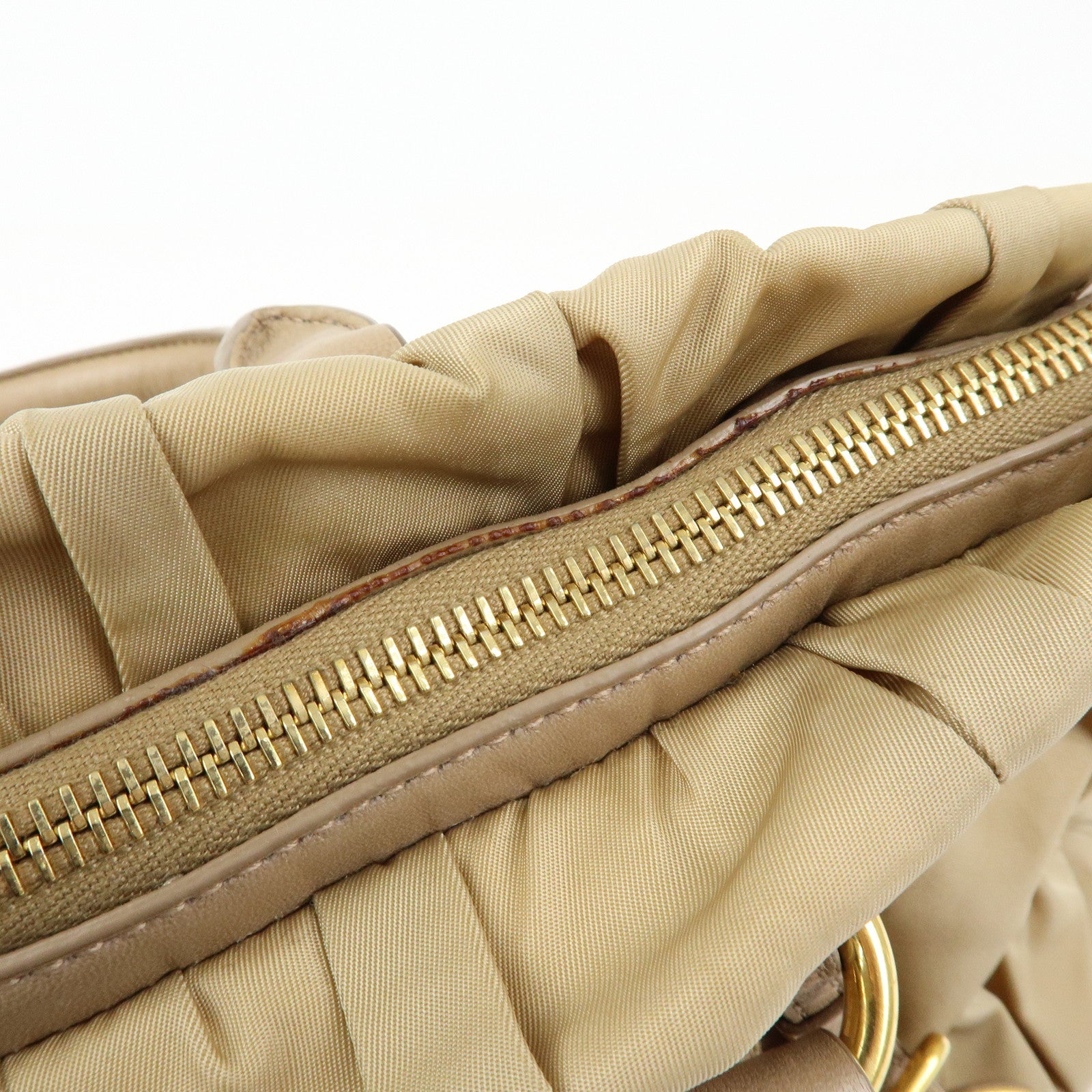 PRADA Gathered Nylon Leather 2Way Hand Shoulder Bag Beige BN1407