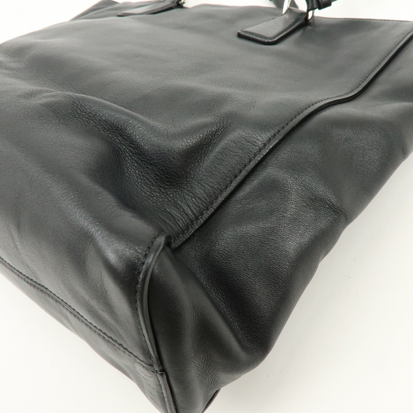 PRADA Triangle Logo Leather Tote Bag Shoulder Bag Black BR5033
