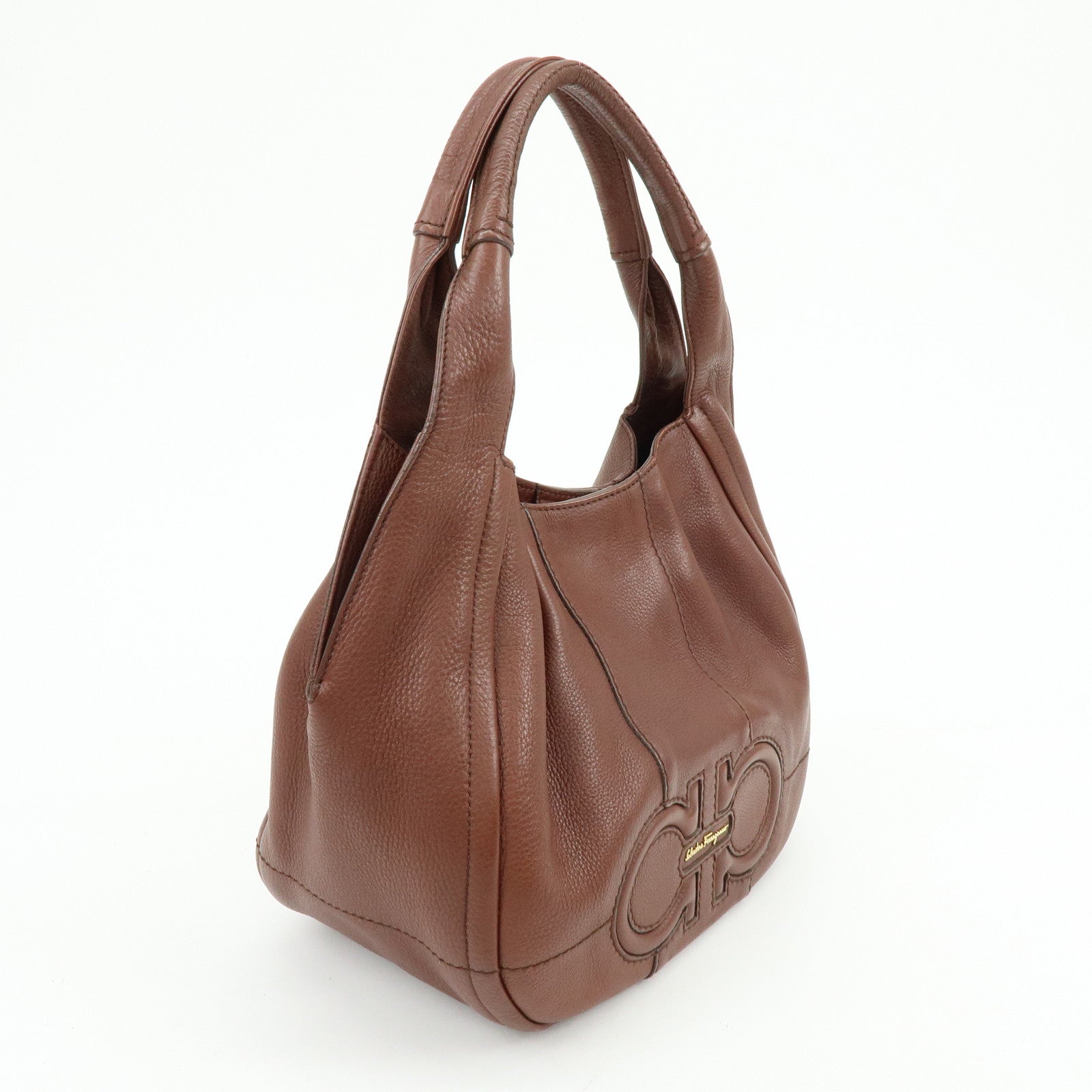 Ferragamo Gancini Leather Shoulder Bag Hand Bag Brown