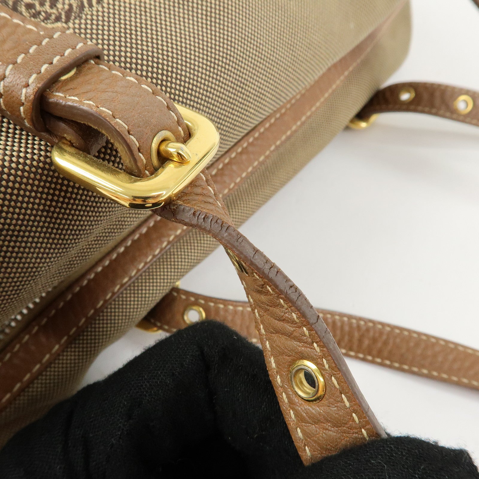 PRADA Logo Canvas Leather Boston Bag Hand Bag Beige Brown BL0600